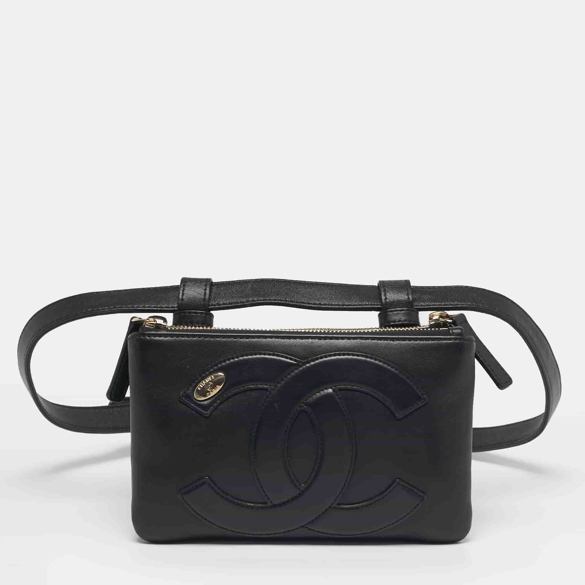Chanel CC Mania Double Zip Black Leather Waist Belt Bag