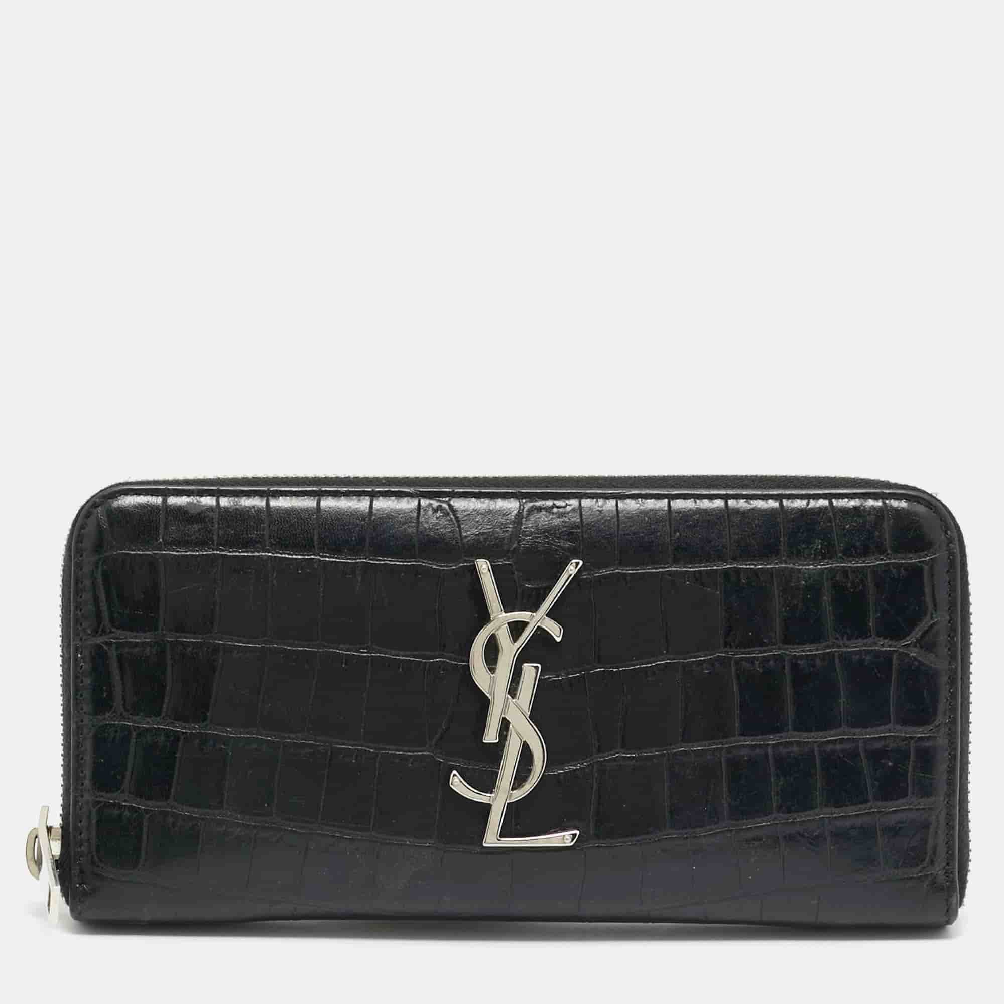 Saint Laurent Cassandre Black Croc Embossed Leather Zip Around Wallet