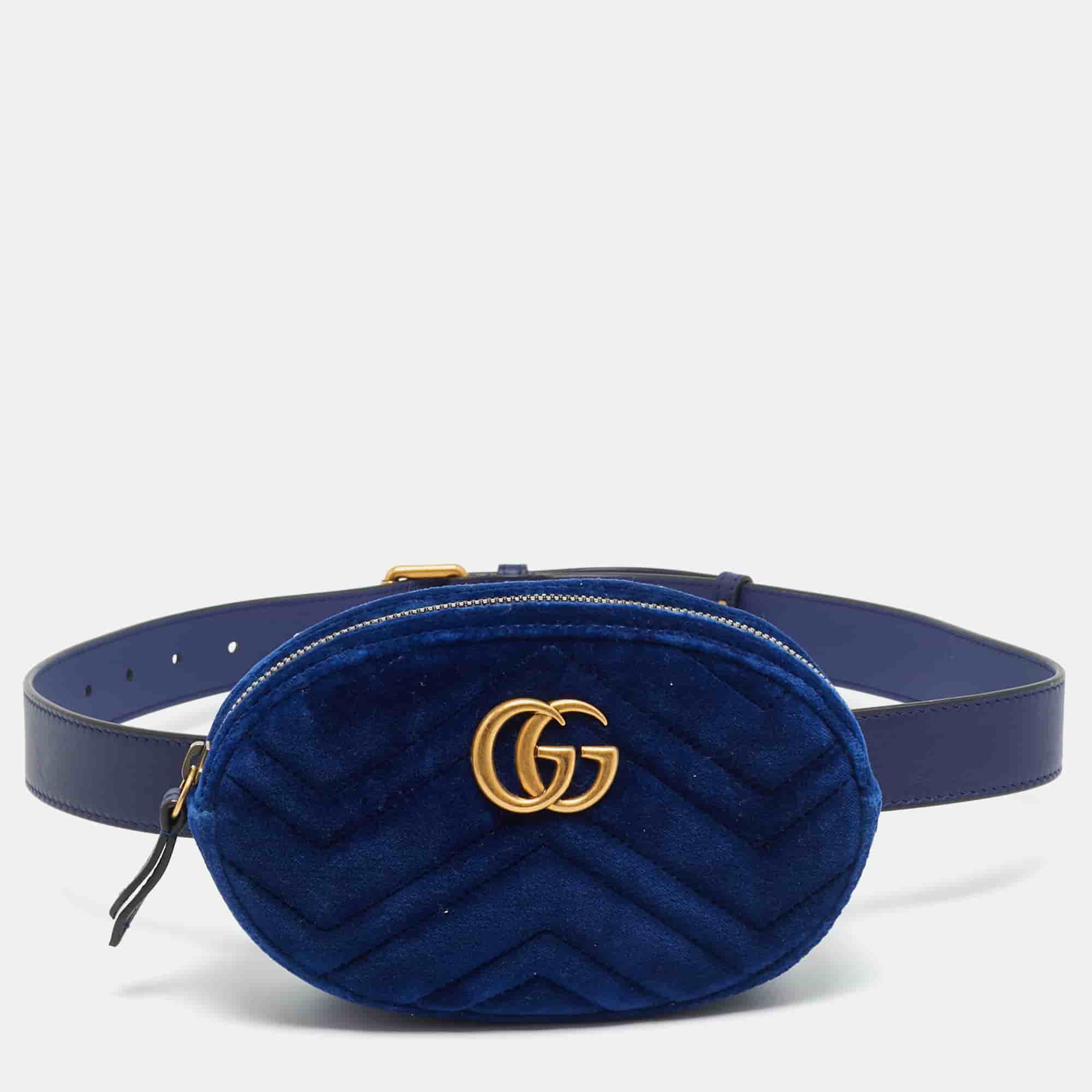 Gucci GG Marmont Blue Matelass&eacute; Velvet Belt Bag