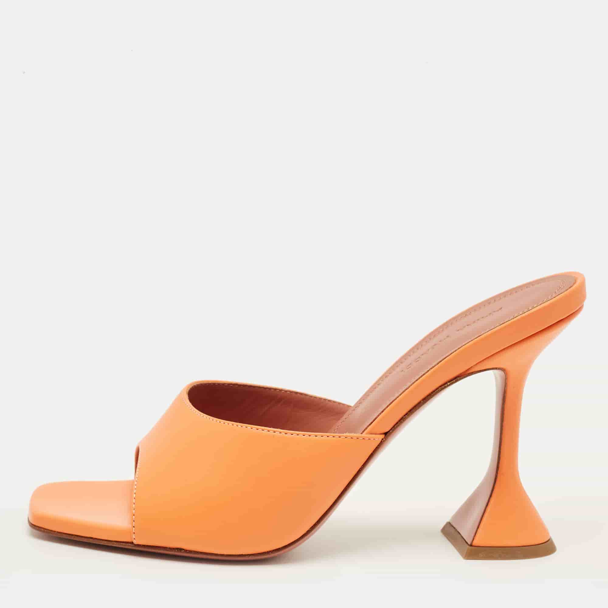 Amina Muaddi Lupita Size 37.5 Orange Leather Slide Sandals