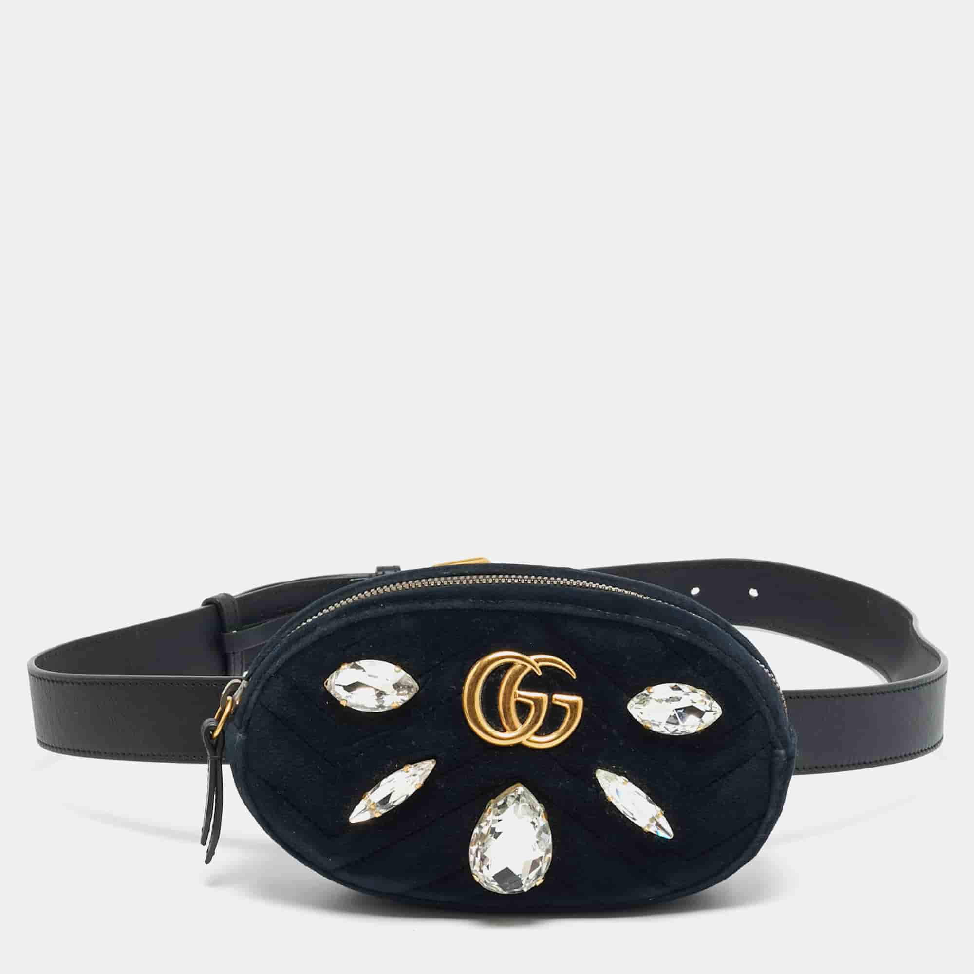 Gucci GG Marmont Crystals Black Matelass&eacute; Velvet and Leather Belt Bag