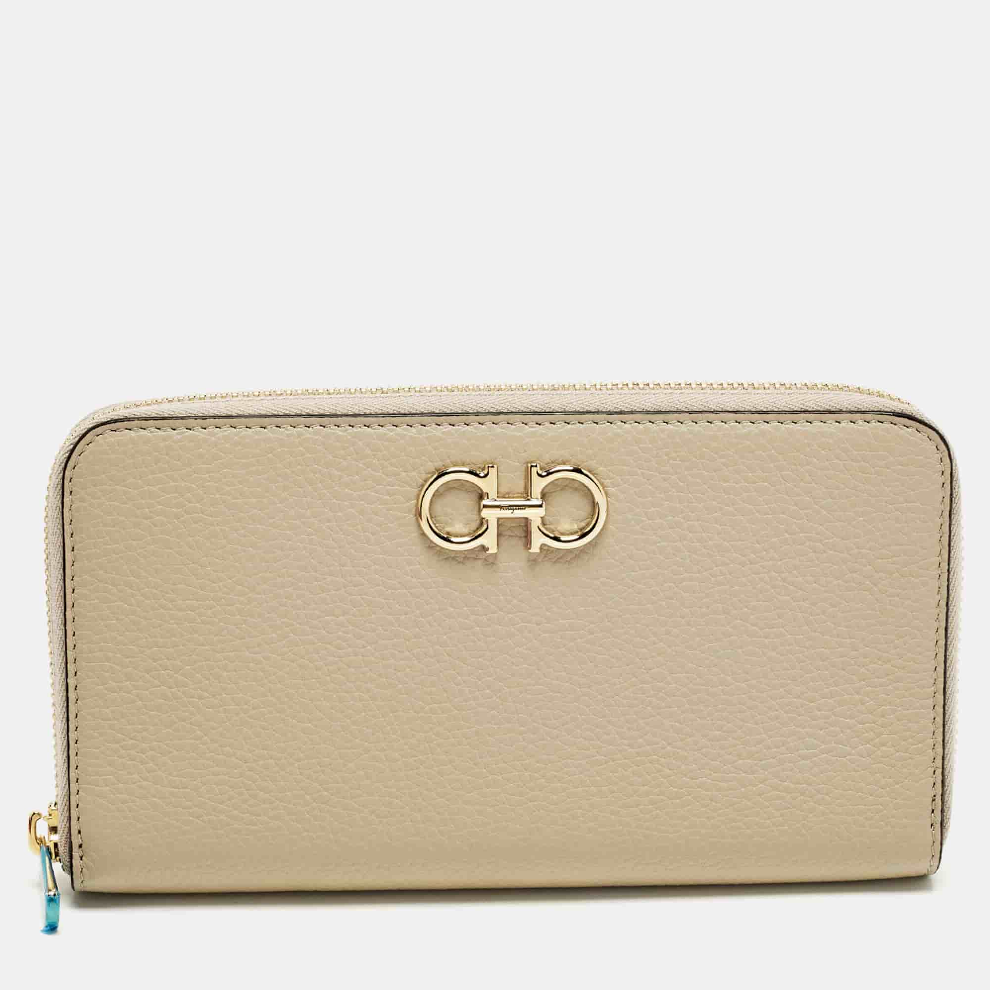 Salvatore Ferragamo Gancini Zip Beige Leather Continental Wallet
