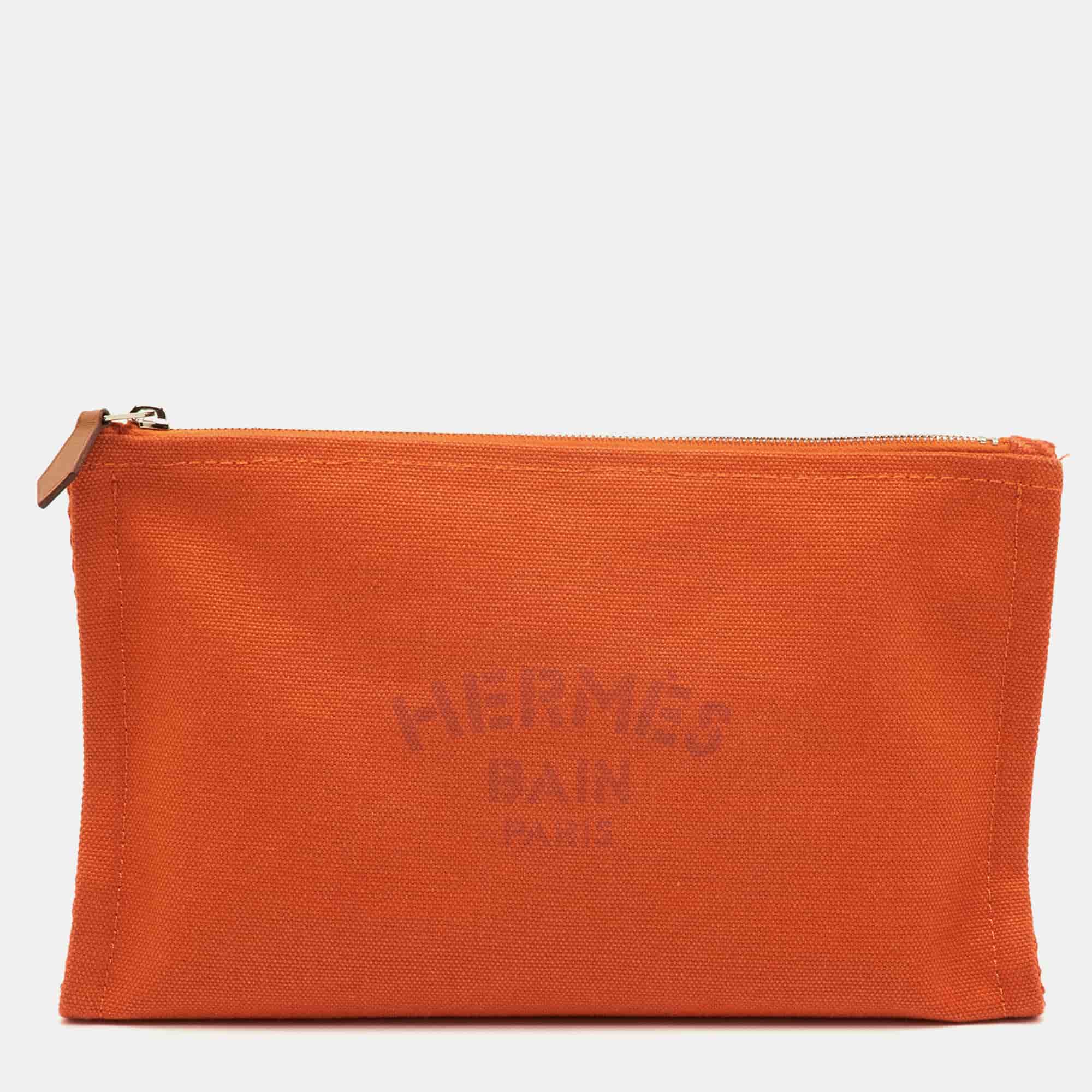 Hermes Yachting PM Flat Orange Toile Canvas Pouch Clutch Bag