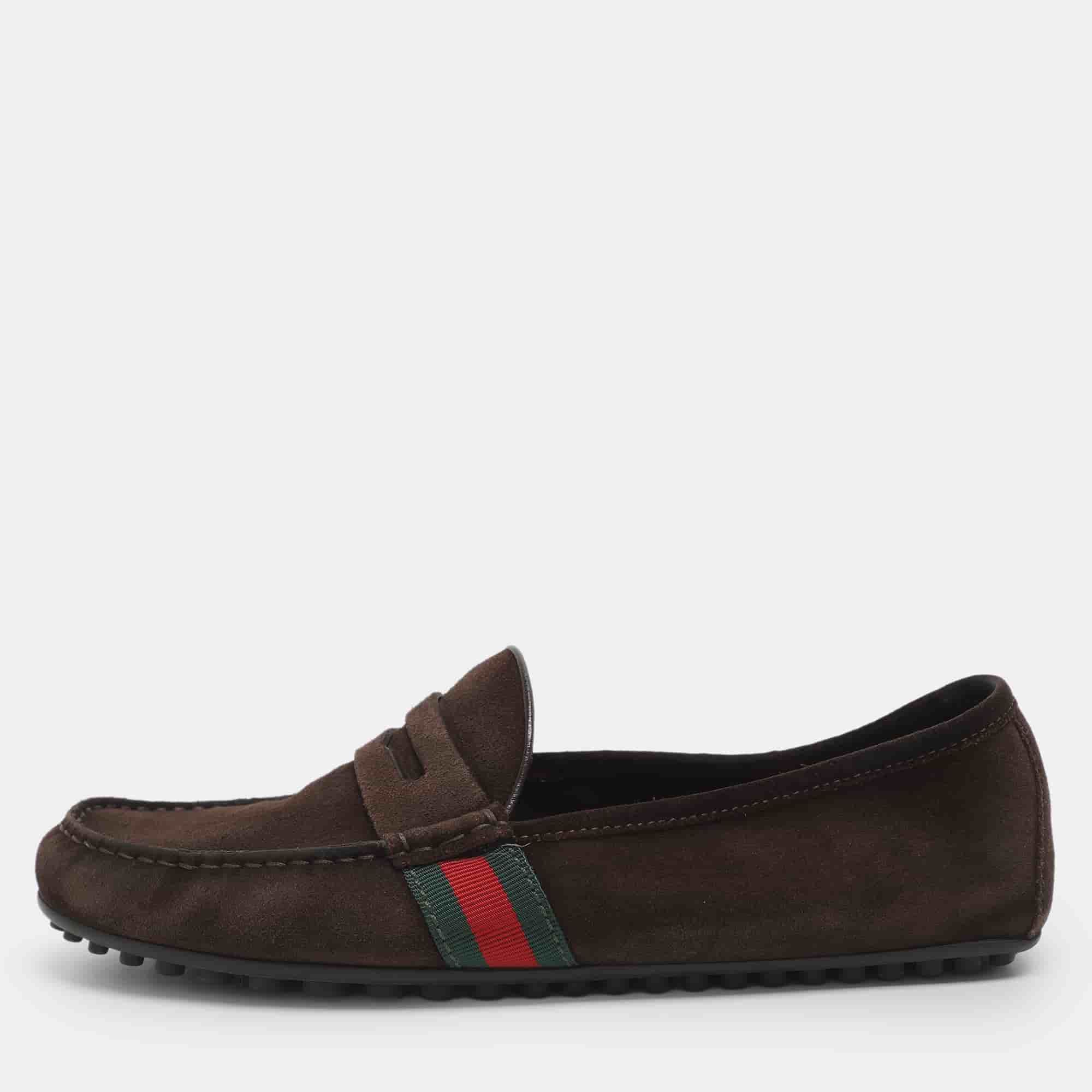 Gucci Web Size 42 Brown Suede Penny Loafers