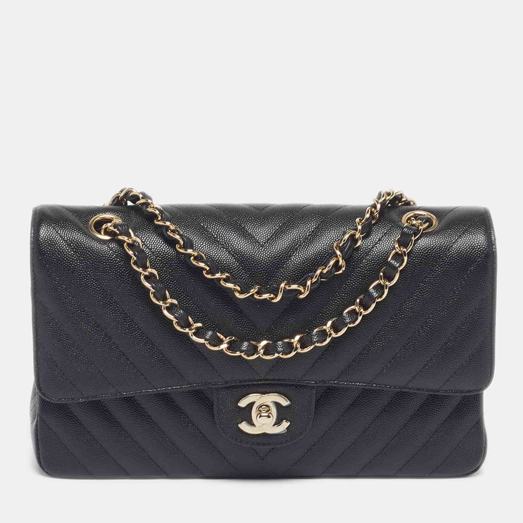 Chanel Classic Double Flap Medium Black Chevron Caviar Leather Shoulder Bag