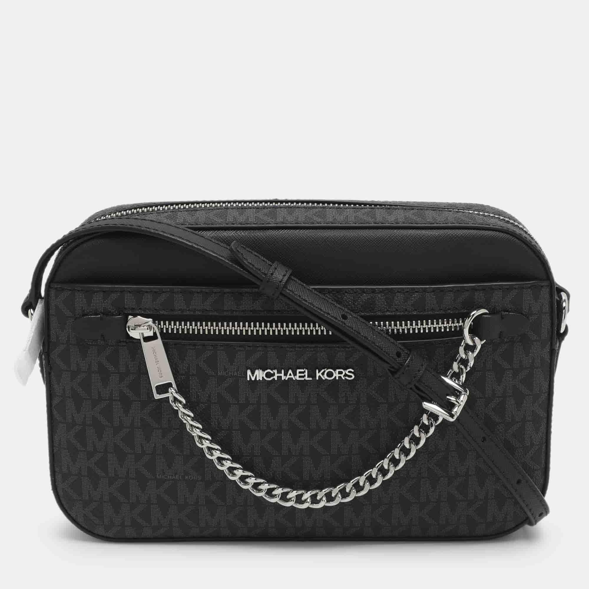 Michael Kors Jet Set EW Large Black Signature Canvas and Leather Crossbody Bag