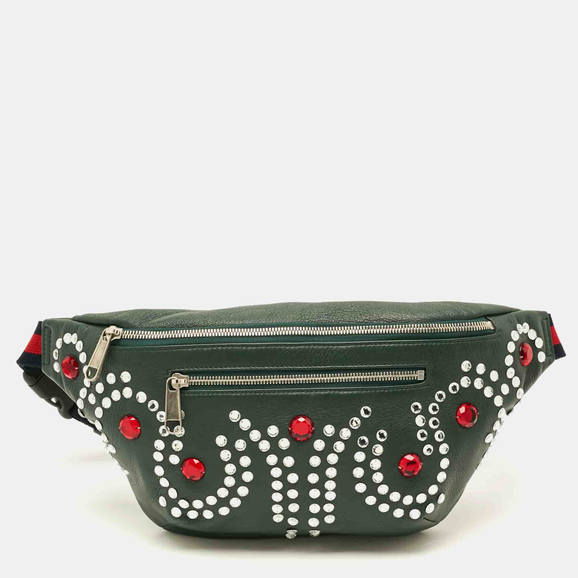 Gucci Bijou Stone Dark Green Leather Belt Bag