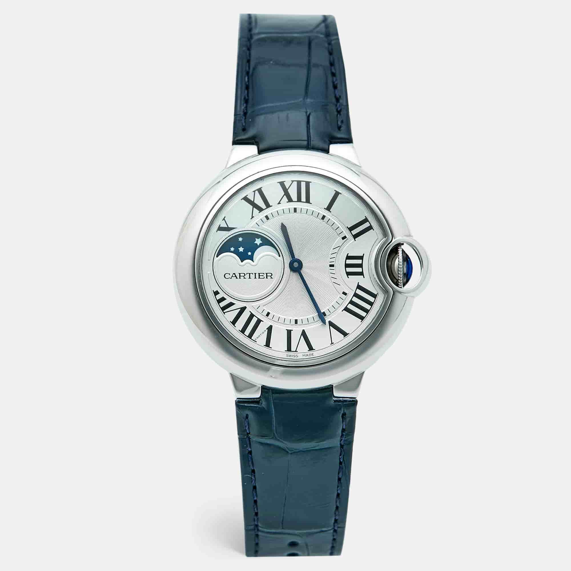 Cartier Ballon Bleu Moonphase WSBB0029 Silver Dial Stainless Steel Alligator Leather Men's Wristwatch 37.50 mm