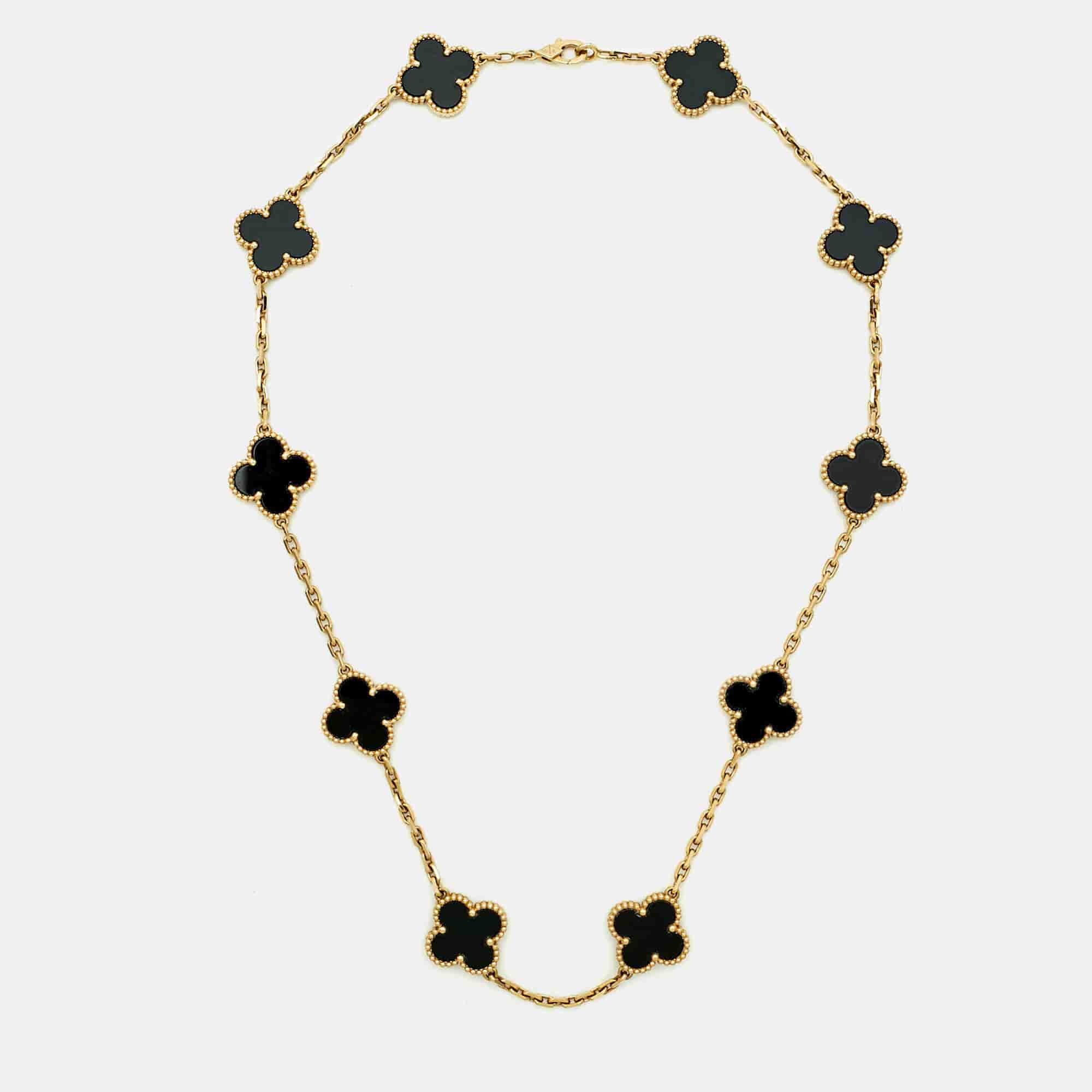 Van Cleef & Arpels Vintage Alhambra Onyx 18k Yellow Gold 10 Motif Necklace