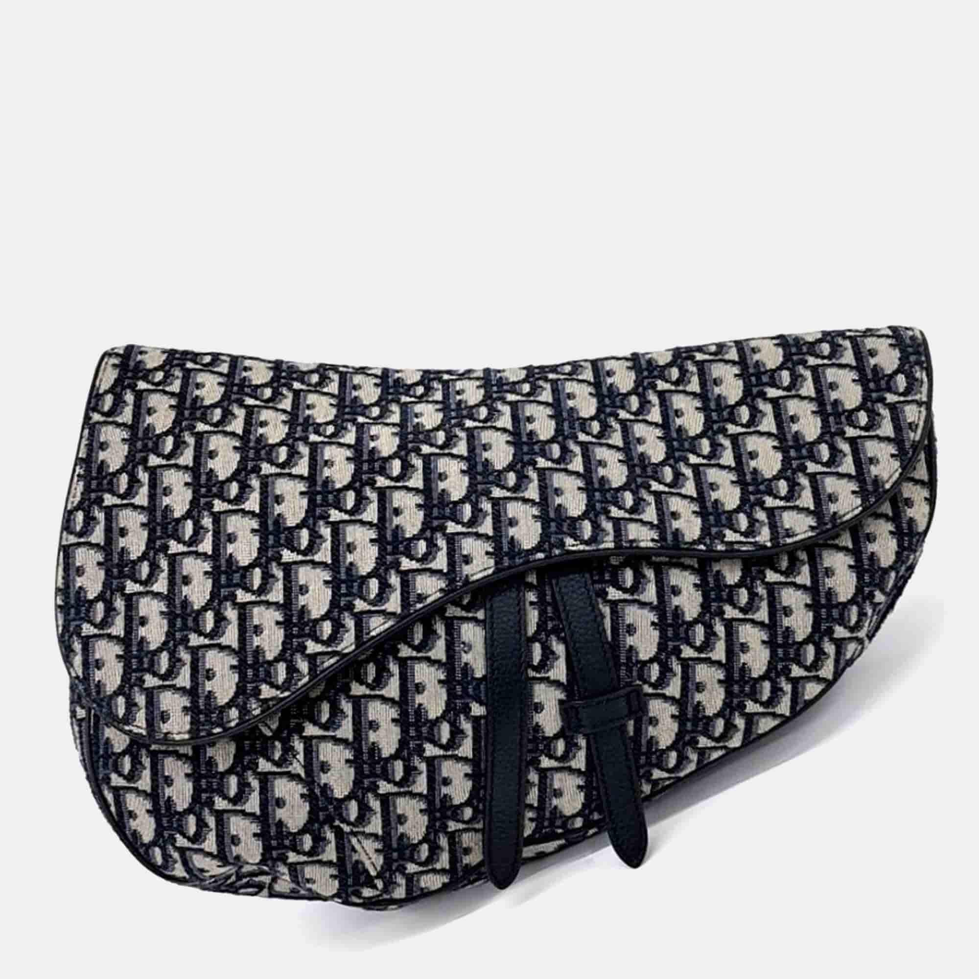 Dior Beige Blue Canvas Oblique Saddle Belt Bag