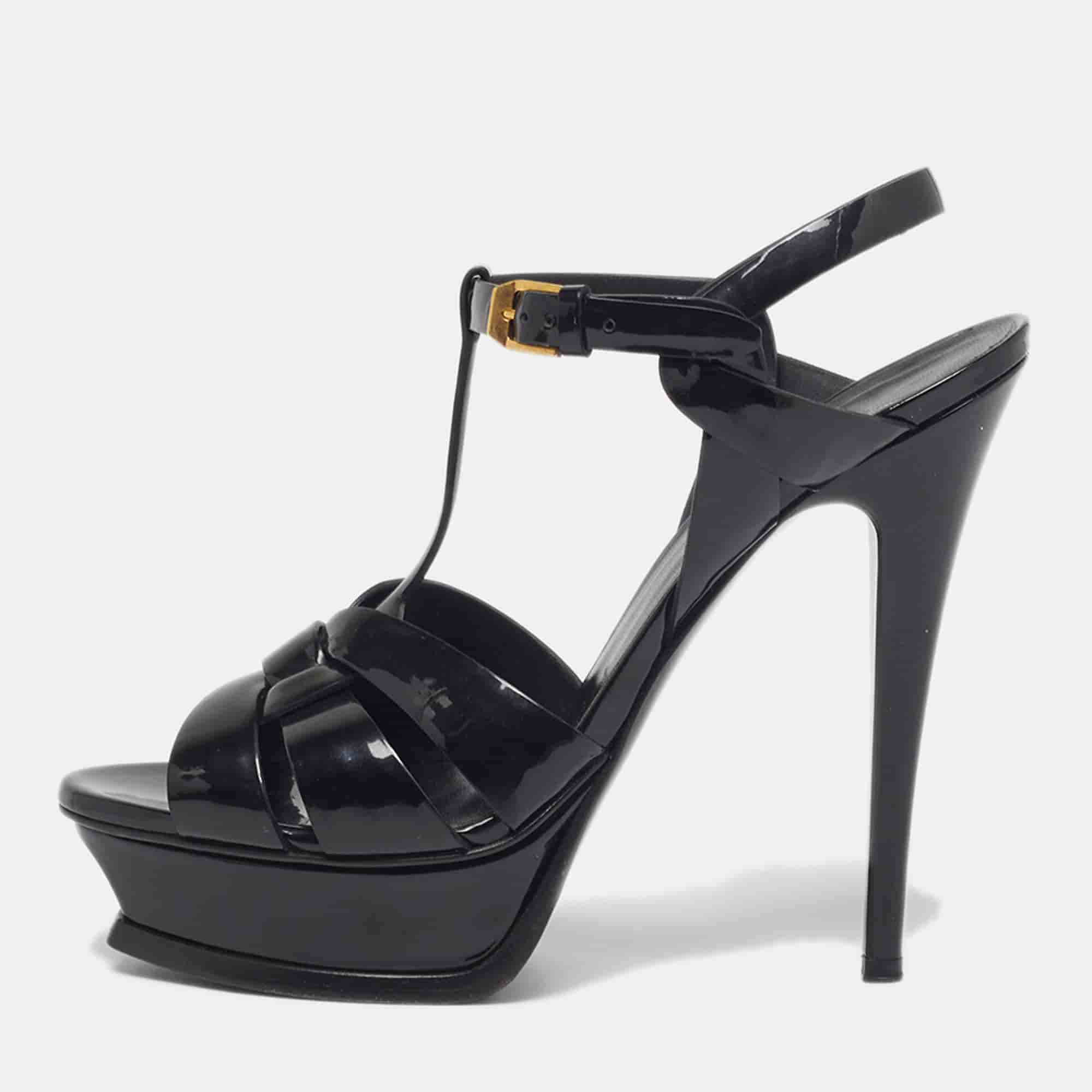 Saint Laurent Tribute Size 39 Black Leather Platform Sandals