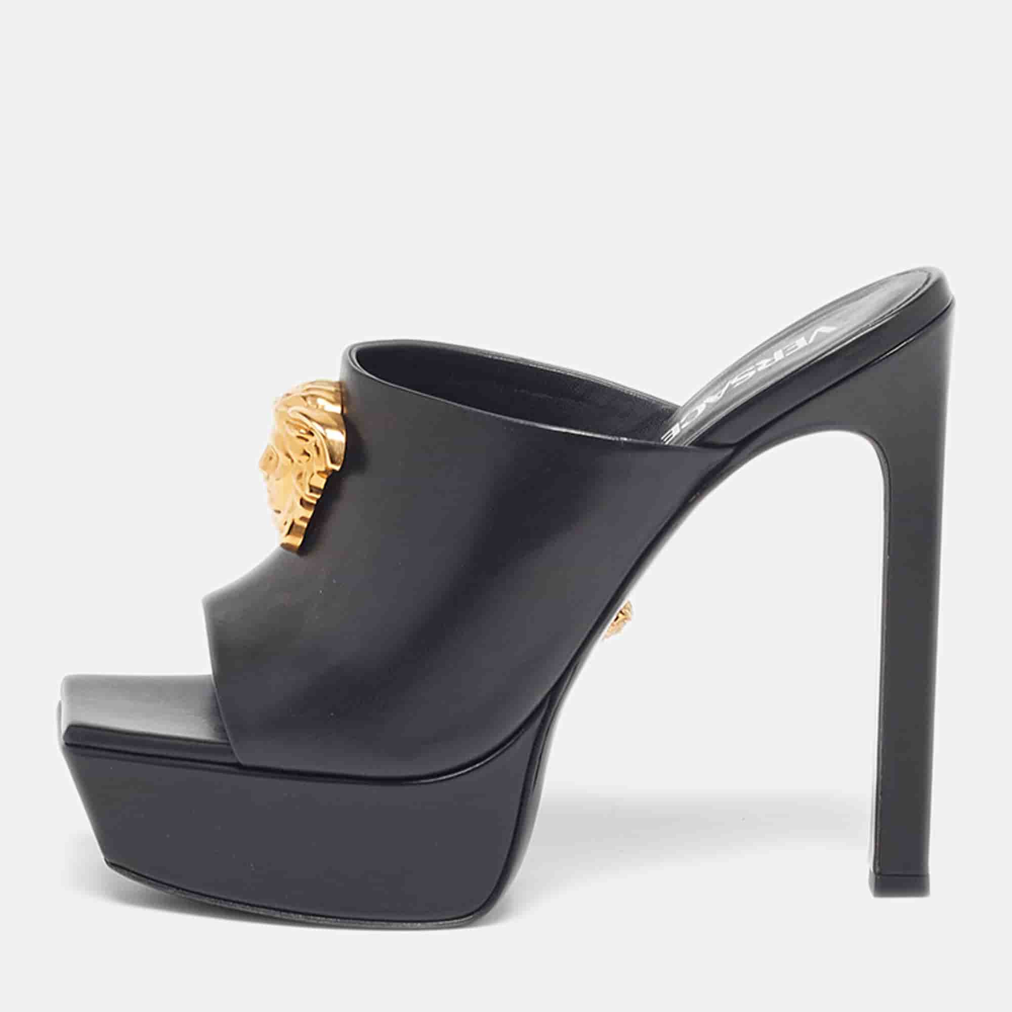 Versace Le Medusa Size 40 Black Leather Platform  Slide Sandals