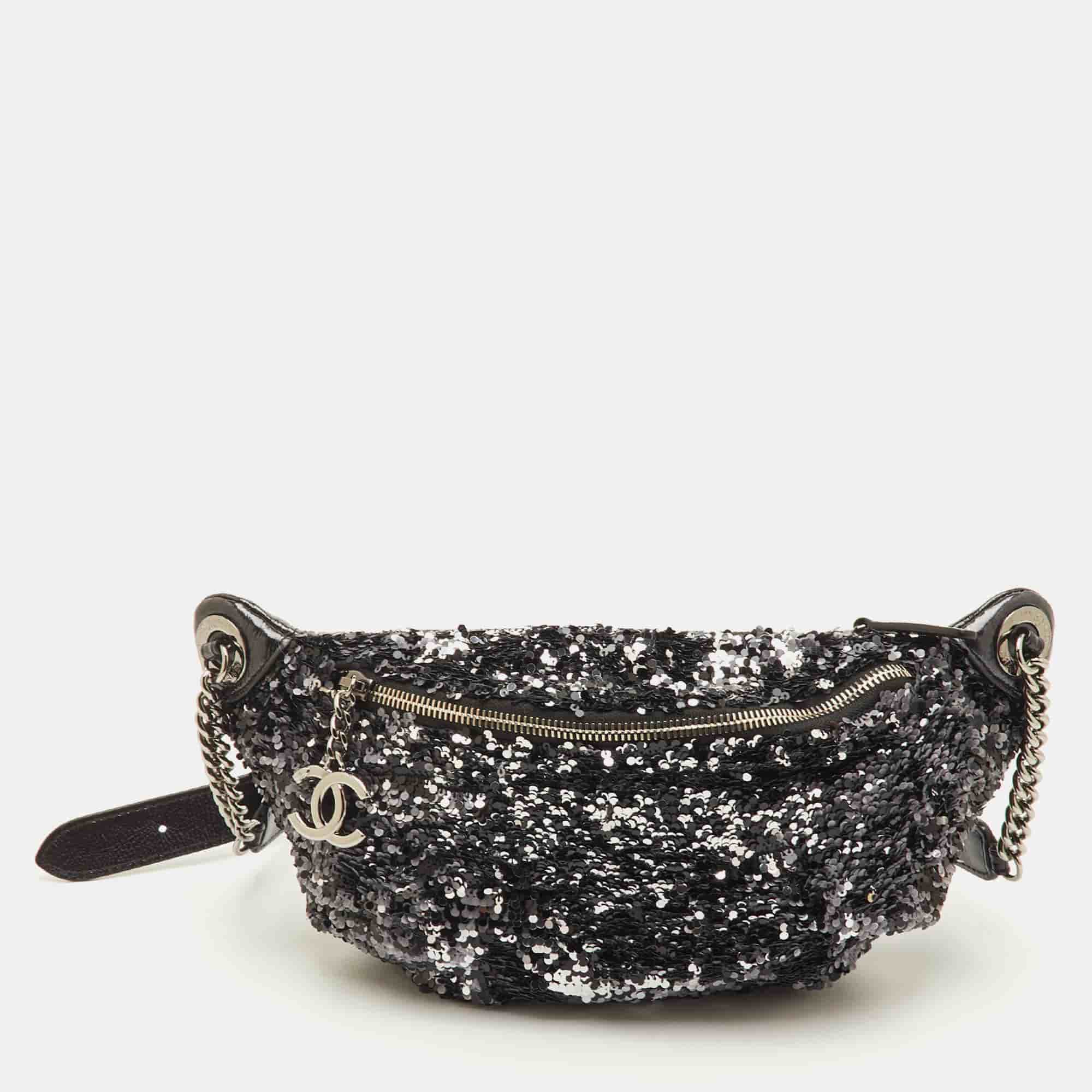 Chanel CC Metallic Black/Silver Sequins and Glazed Patent Leather Fanny Pack Waist Bag