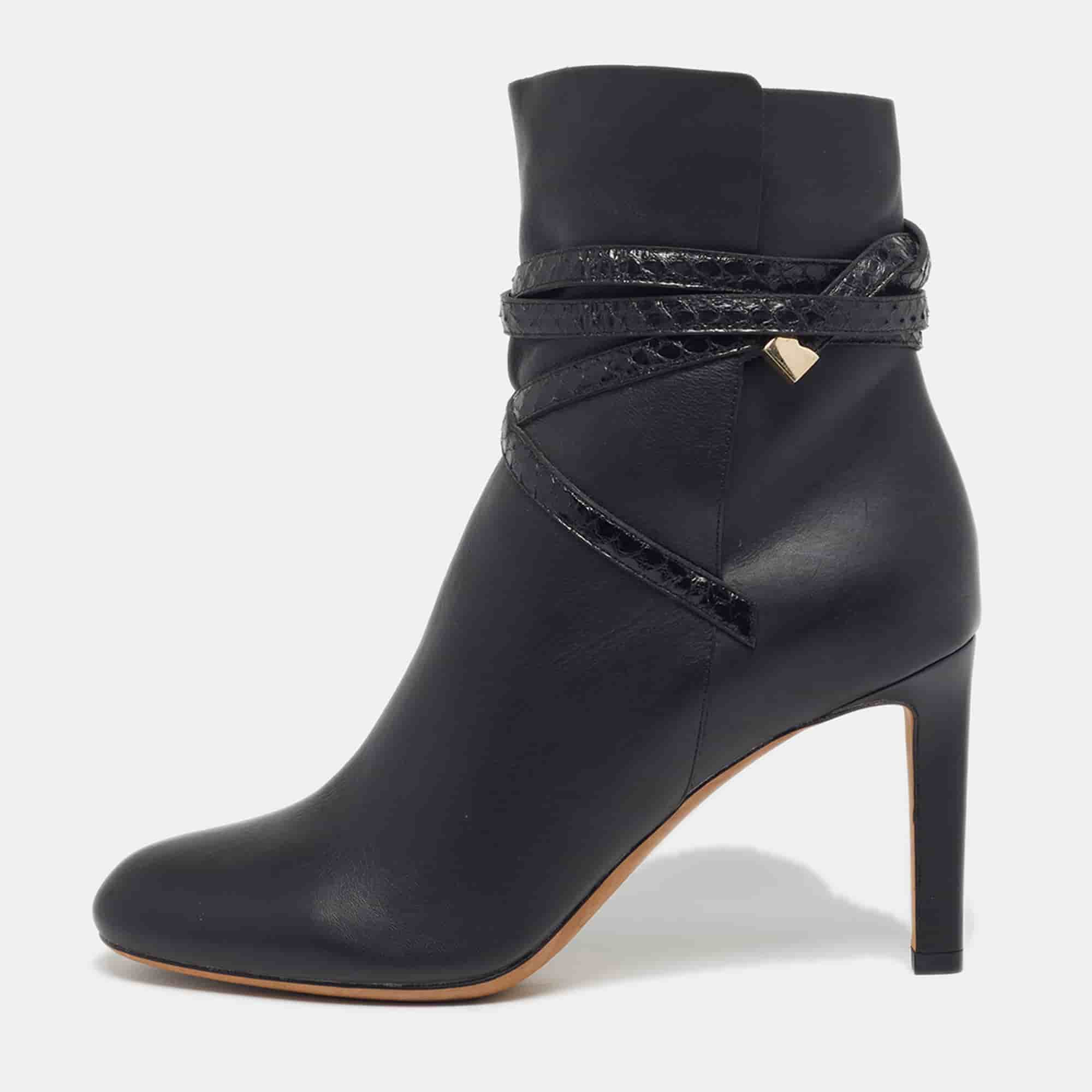 Jimmy Choo Size 38.5 Black Leather Python and Leather Ankle Length Boots