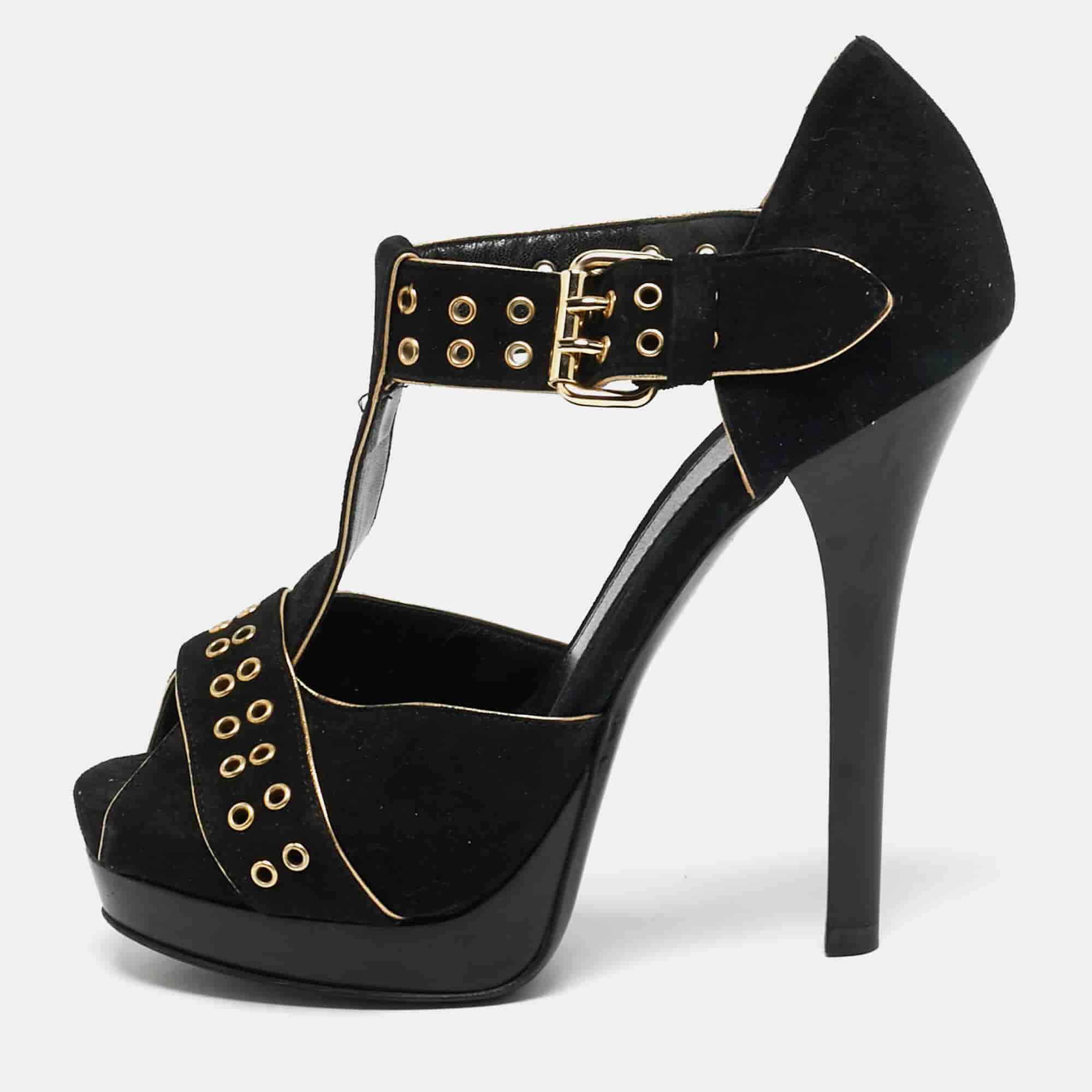 Fendi Size 37.5 Black Suede  T-Bar Ankle-Strap Platform Strap Sandals