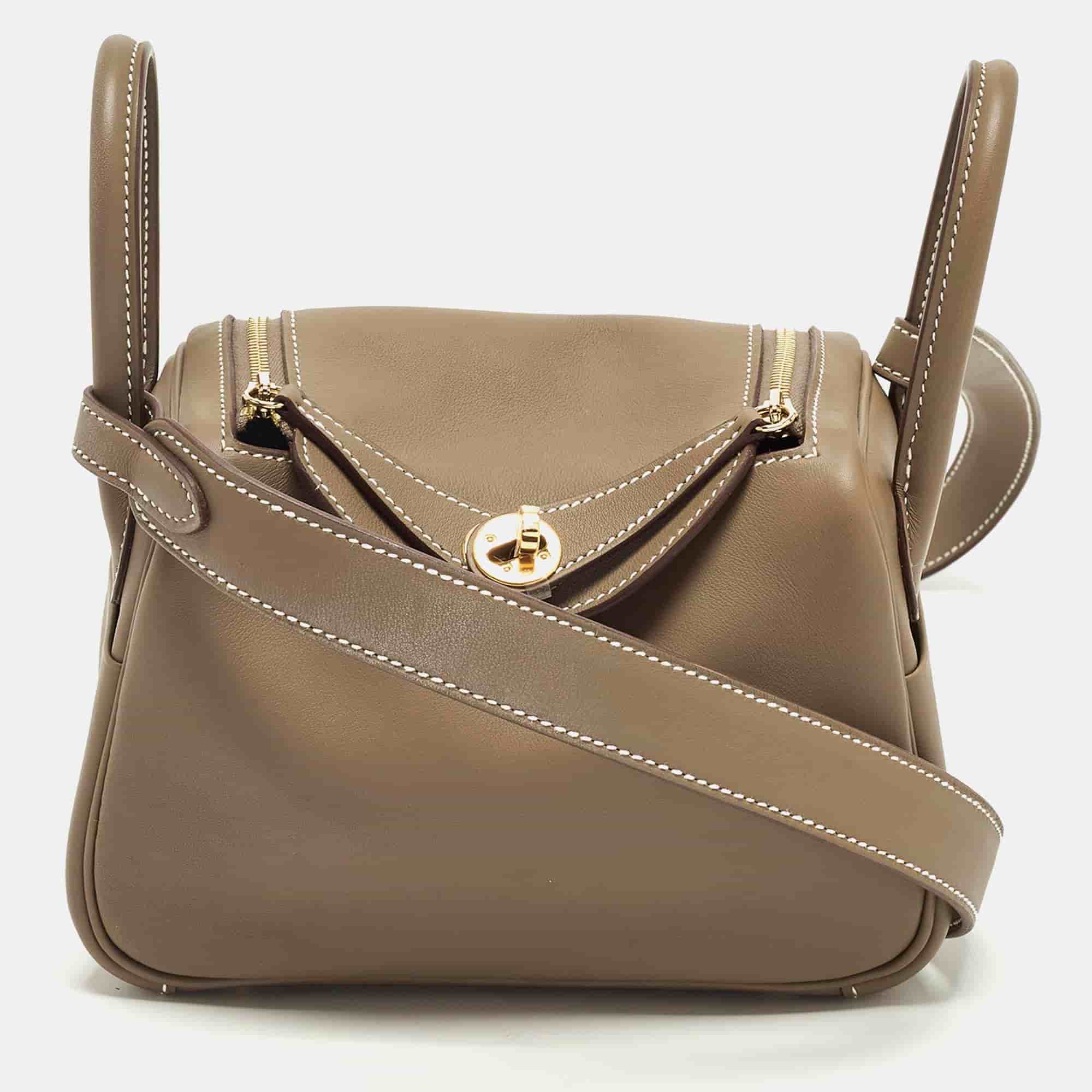 Herm&egrave;s Lindy Mini Gold Finish Etoupe Swift Leather Shoulder Bag