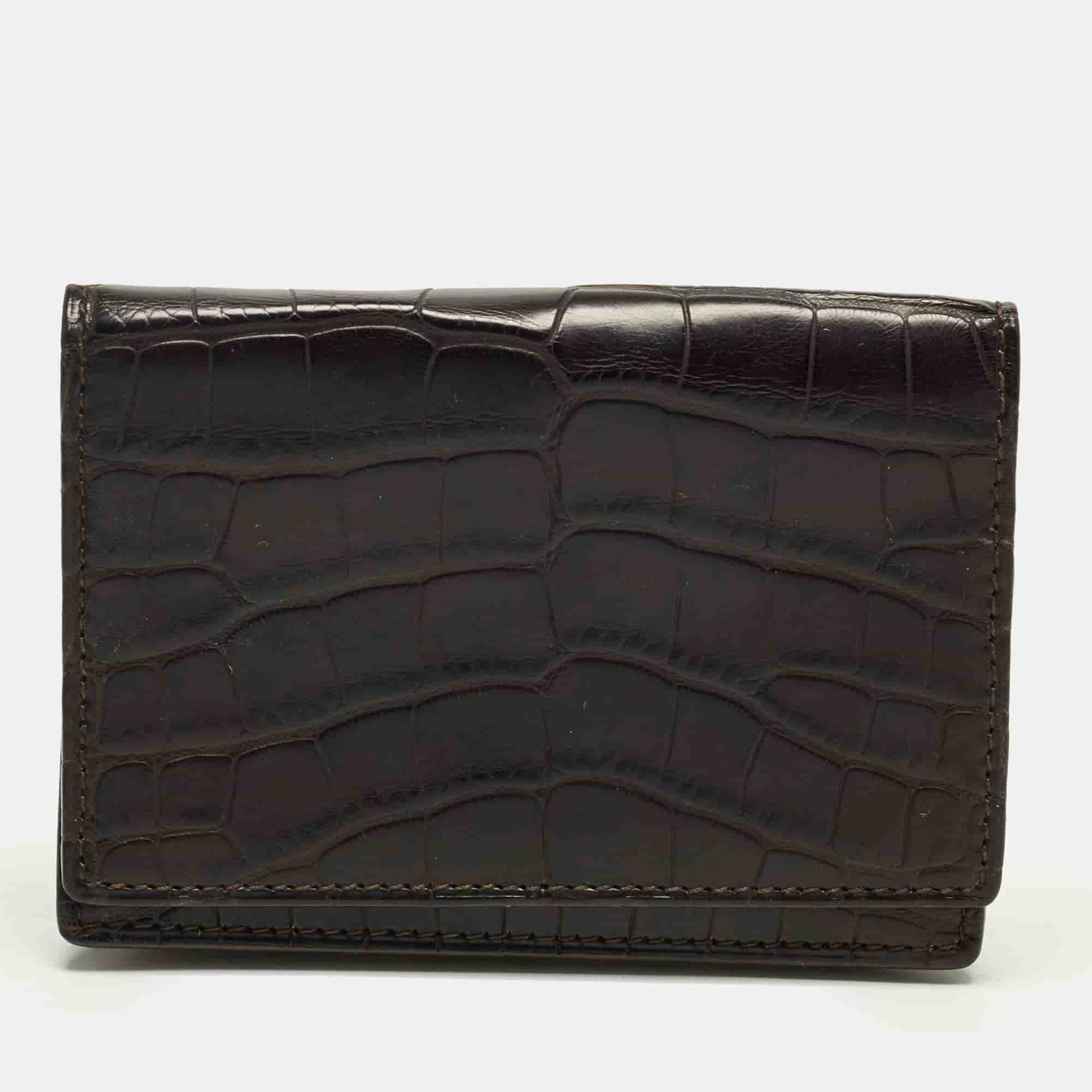 Smythson Black Croc Embossed Leather Flap Card Case