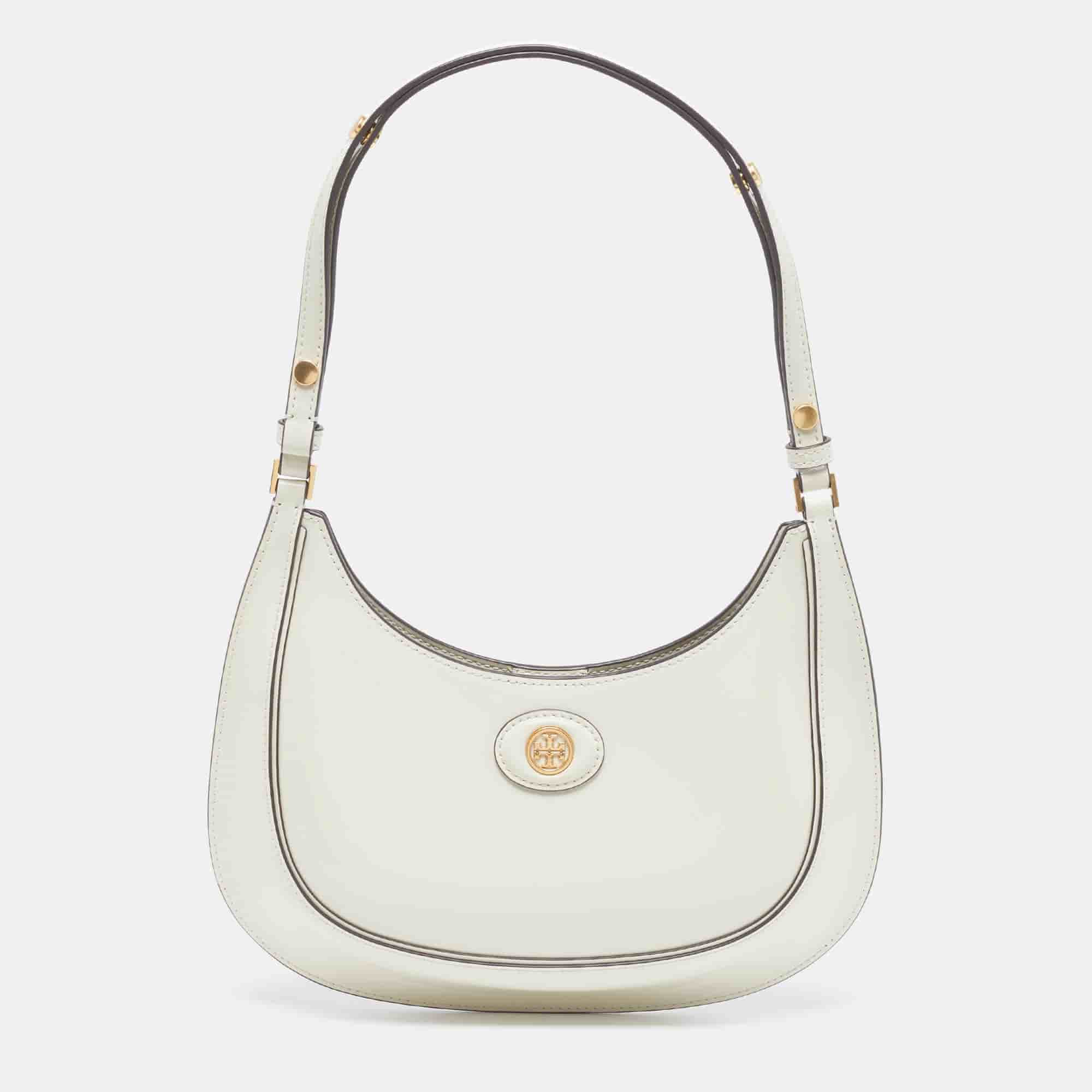Tory Burch Robinson Crescent Off White Glossy Leather Bag