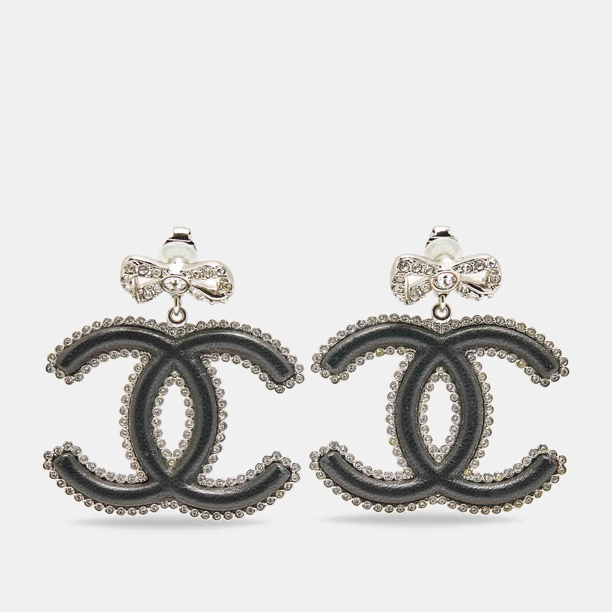 Chanel CC Black Leather Crystals Silver Tone Dangle Earrings