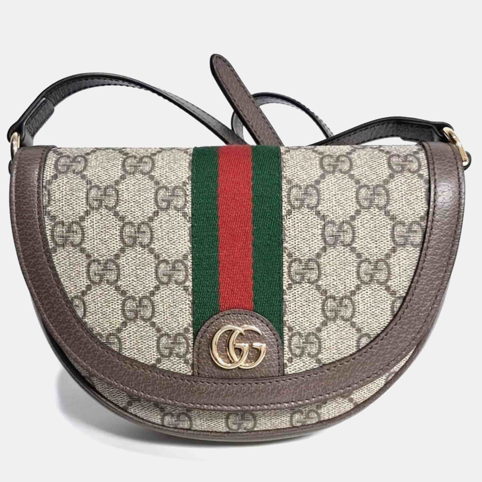 Gucci Beige Brown Leather and PVC Ophidia Mini GG Shoulder Bag