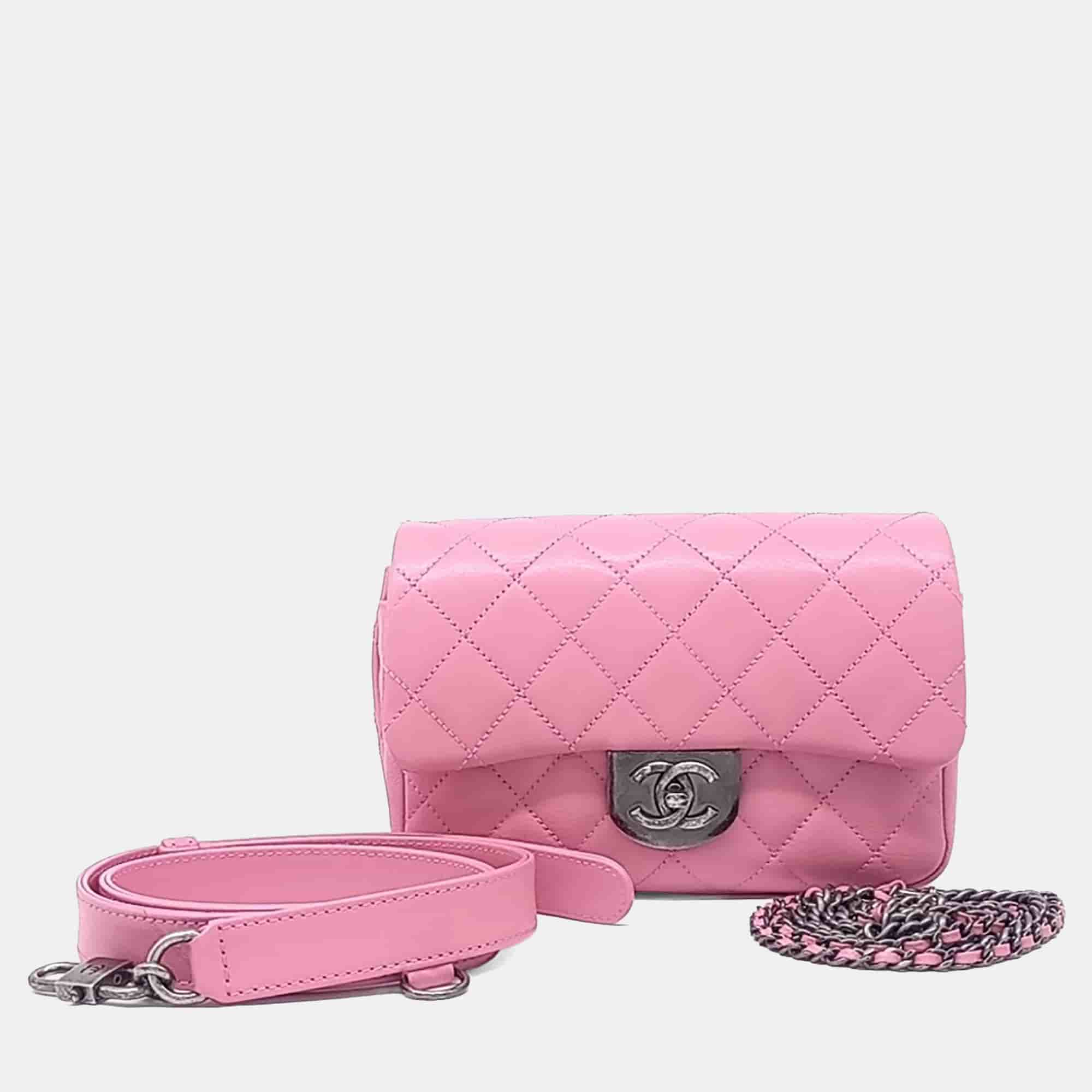 Chanel Pink Leather Double Carry Waist Flap Bag