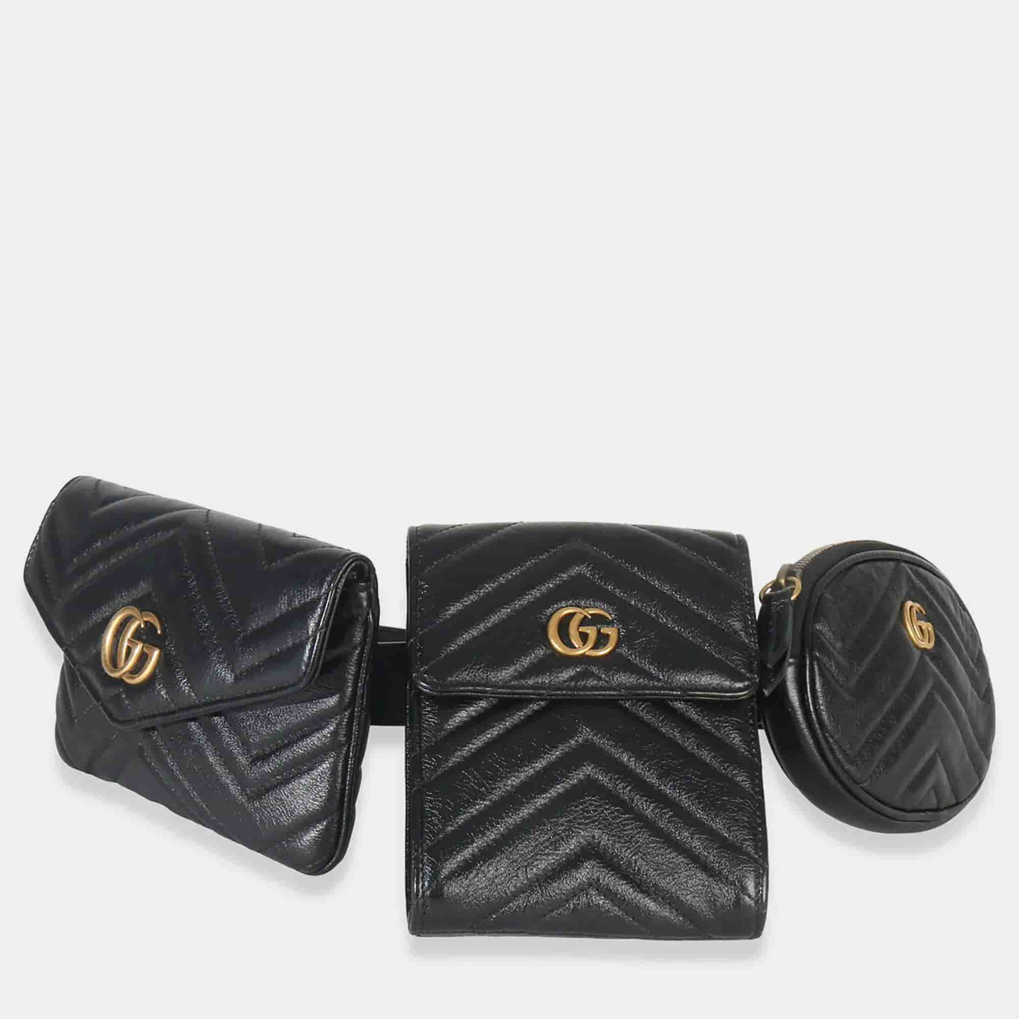 Gucci Black Matelasse Calfskin GG Marmont Triple Pouch Belt Bag