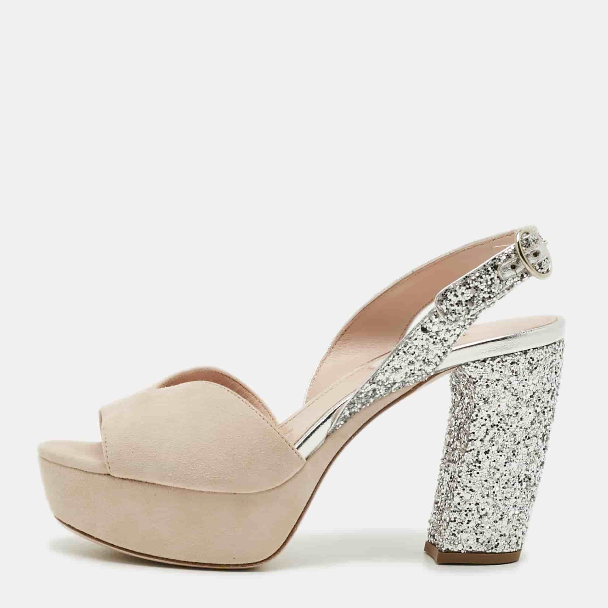 Miu Miu Size 36 Beige/Silver Leather and Suede Ankle Strap Sandals