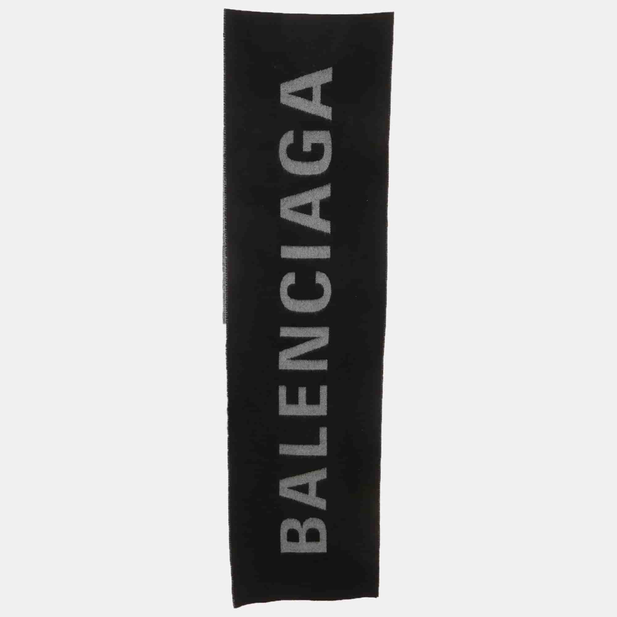 Balenciaga Black Logo Wool Reversible Scarf
