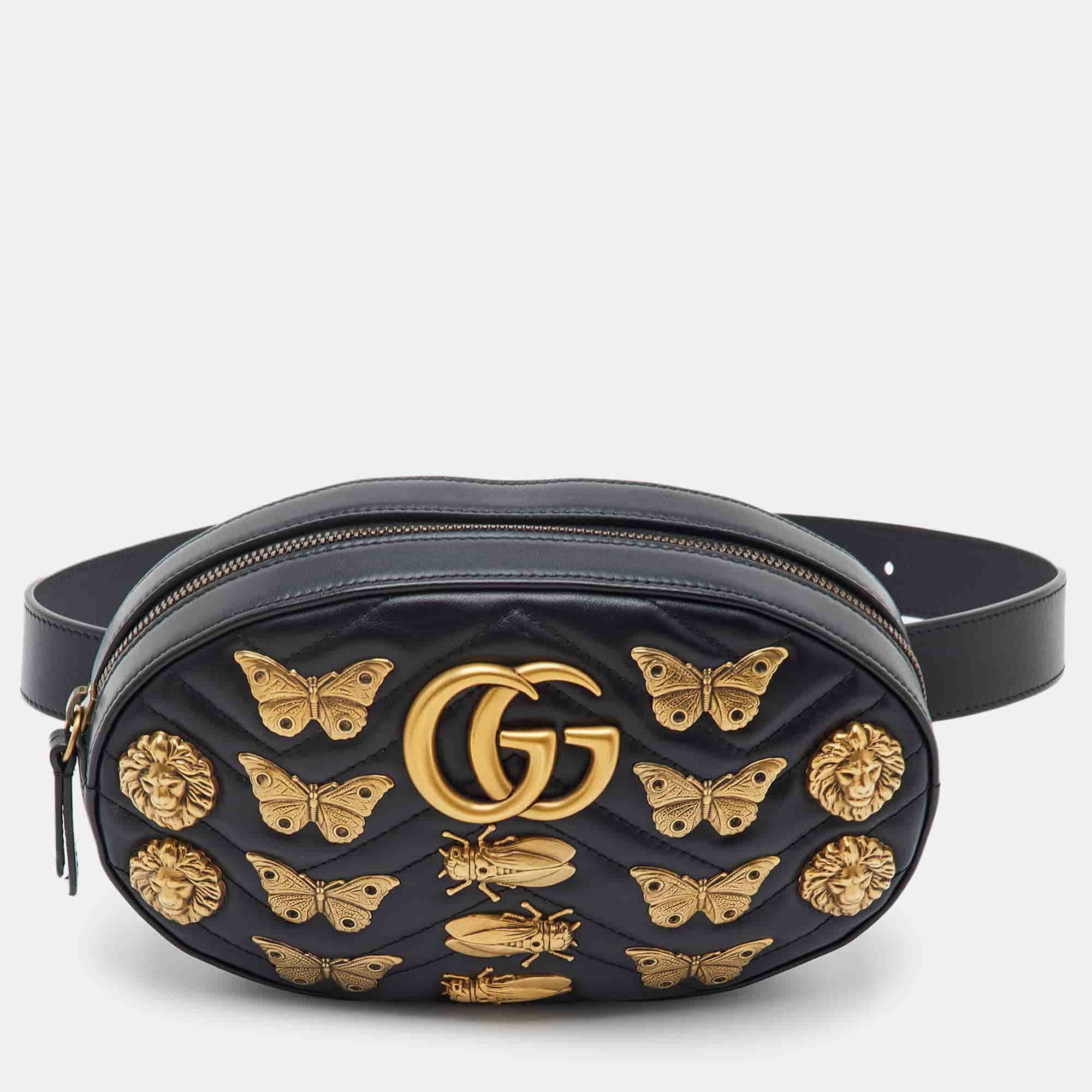 Gucci GG Marmont Black Leather Animal Stud Belt Bag