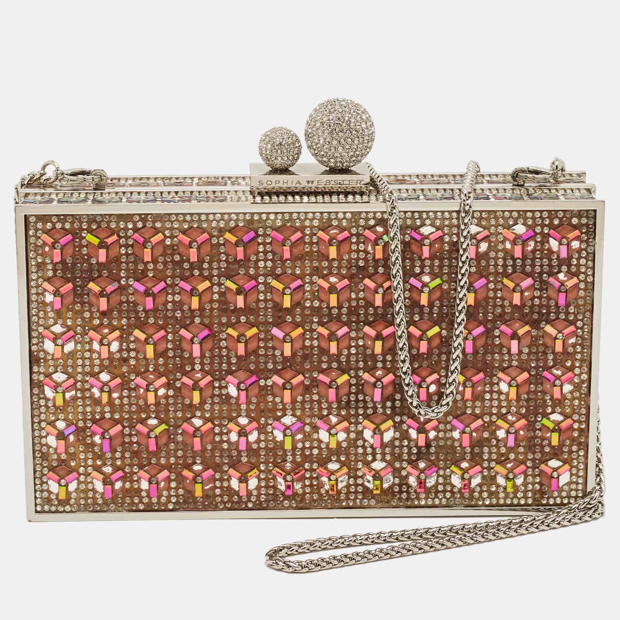 Sophia Webster Clara Box Silver/Iridescent Crystal and Metal Chain Clutch