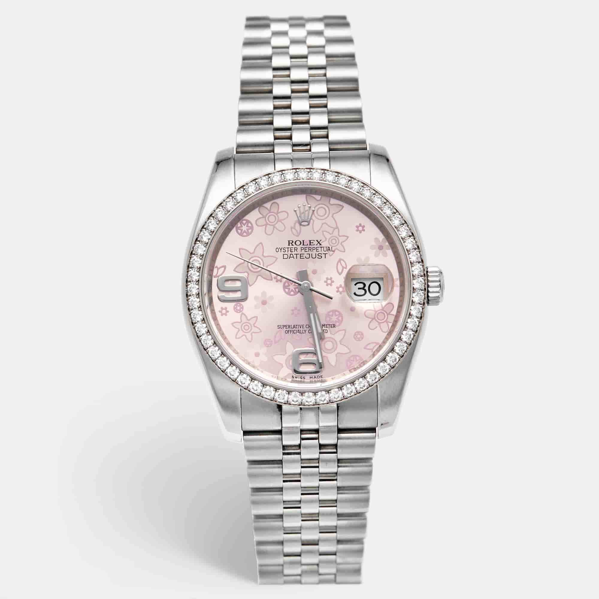 Rolex Datejust 116244 Pink Dial Diamond 18k White Gold Stainless Steel Women's Wristwatch 36 mm