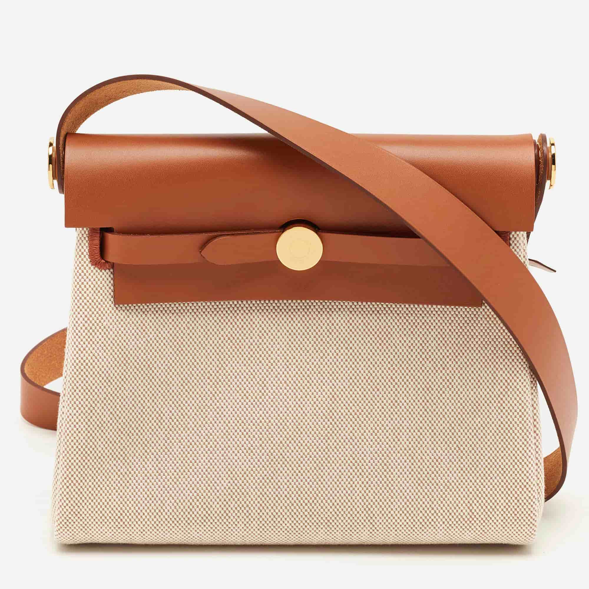 Hermes Herbag Zip 20 Ecru/Fauve H Viking Toile and Vache Hunter Shoulder Bag