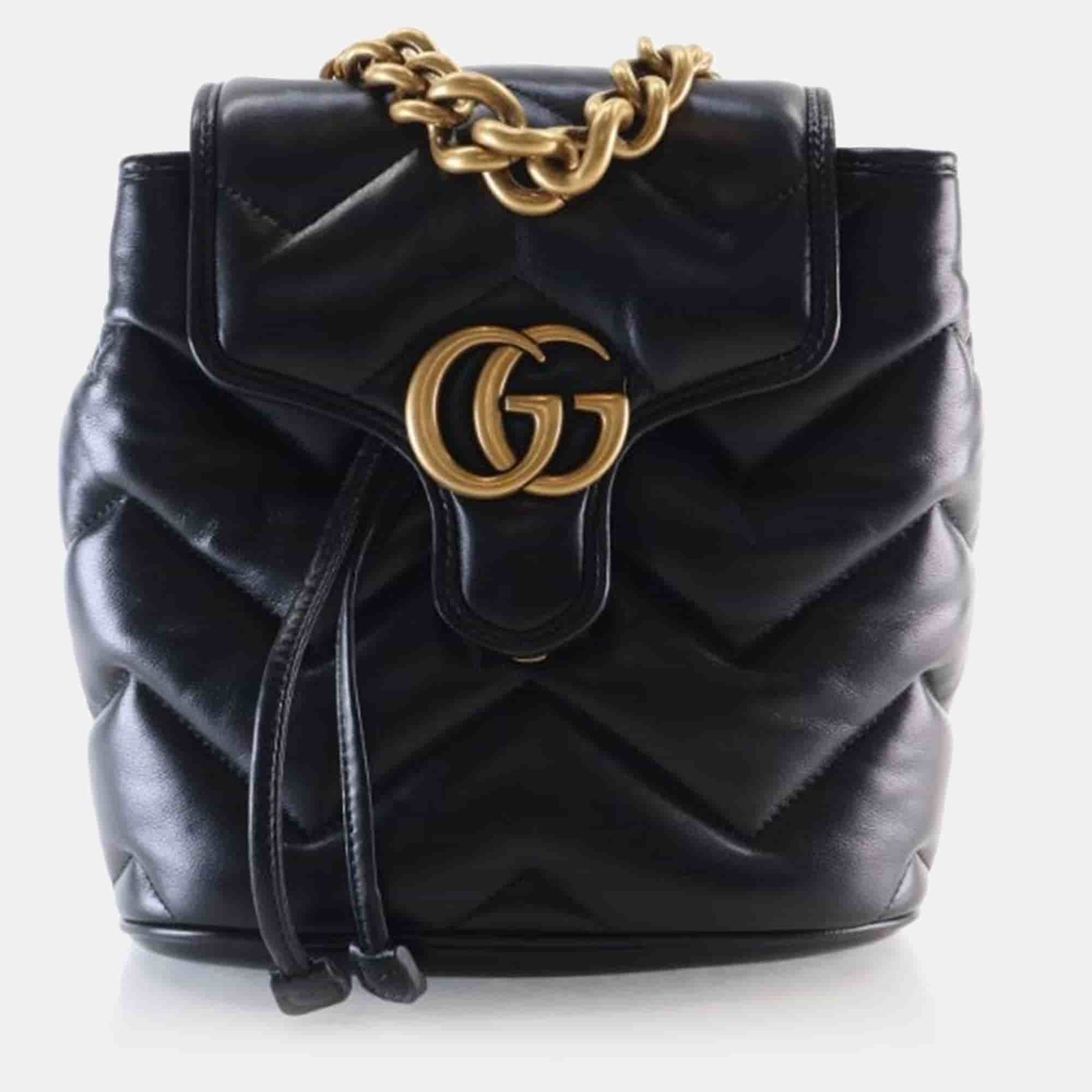 Gucci Mini Black Lambskin Chevron Matelasse GG Marmont Backpack