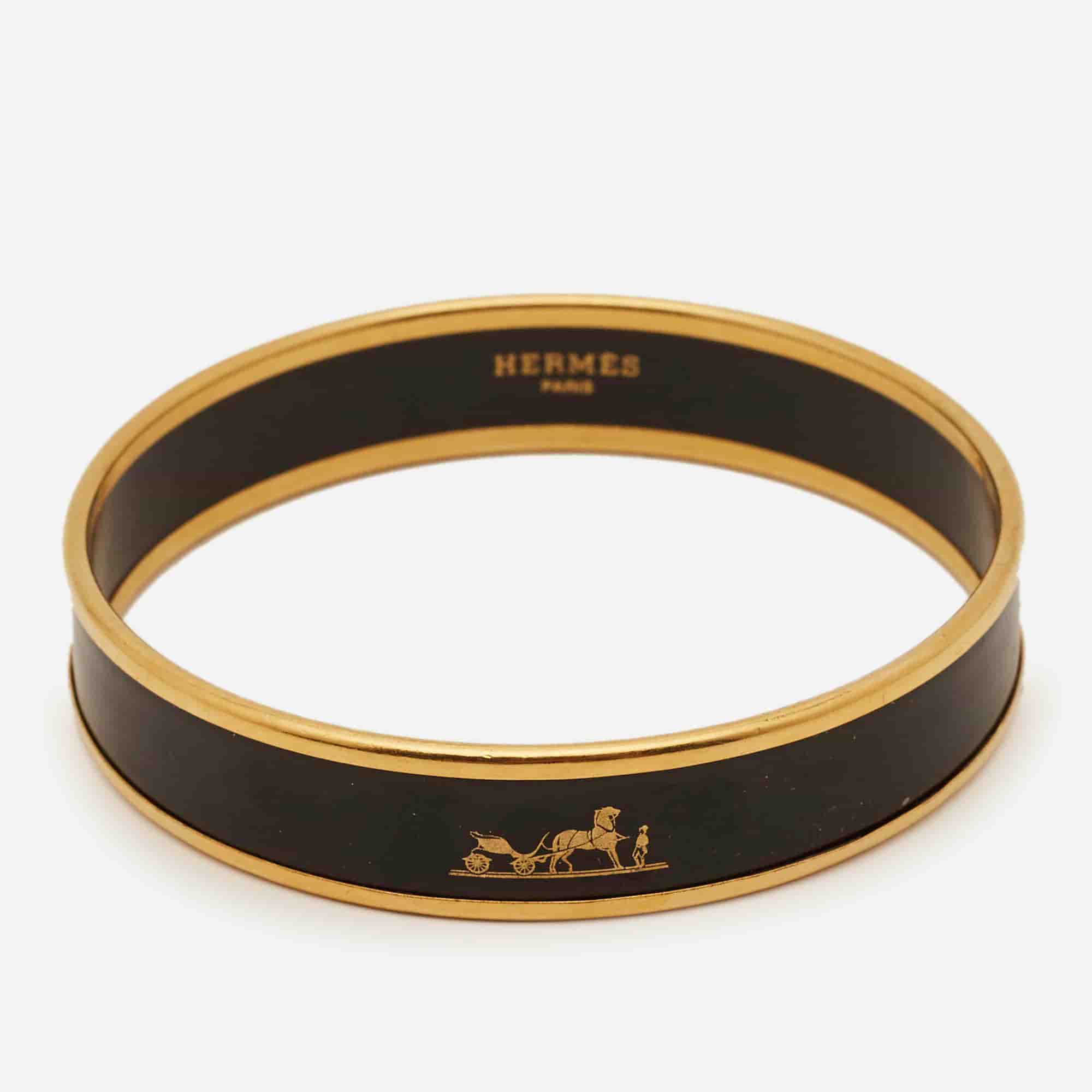 Hermes Caleche Enamel Gold Plated Wide Bangle Bracelet