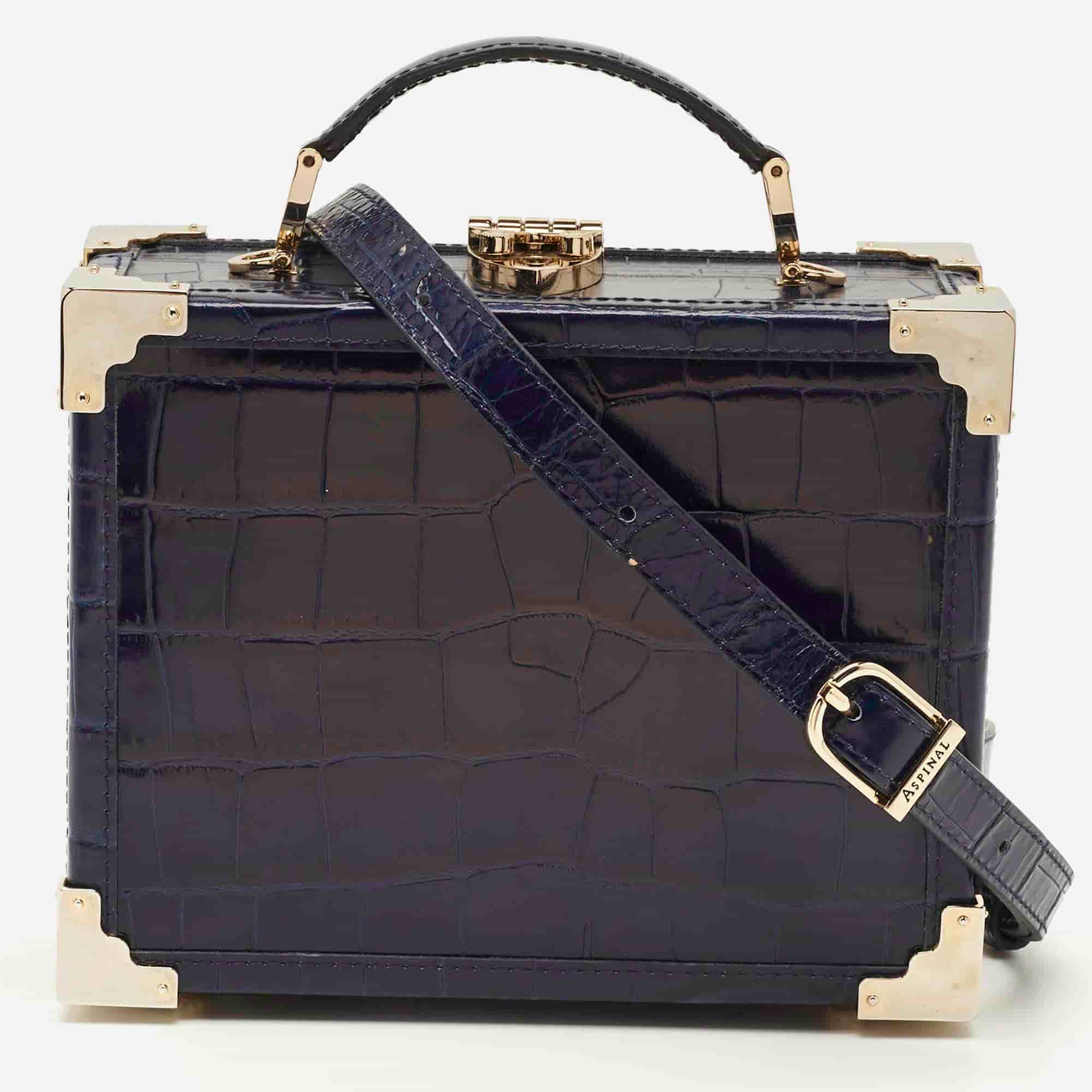 Aspinal Of London Trunk Navy Blue Croc Embossed Leather Top Handle Bag