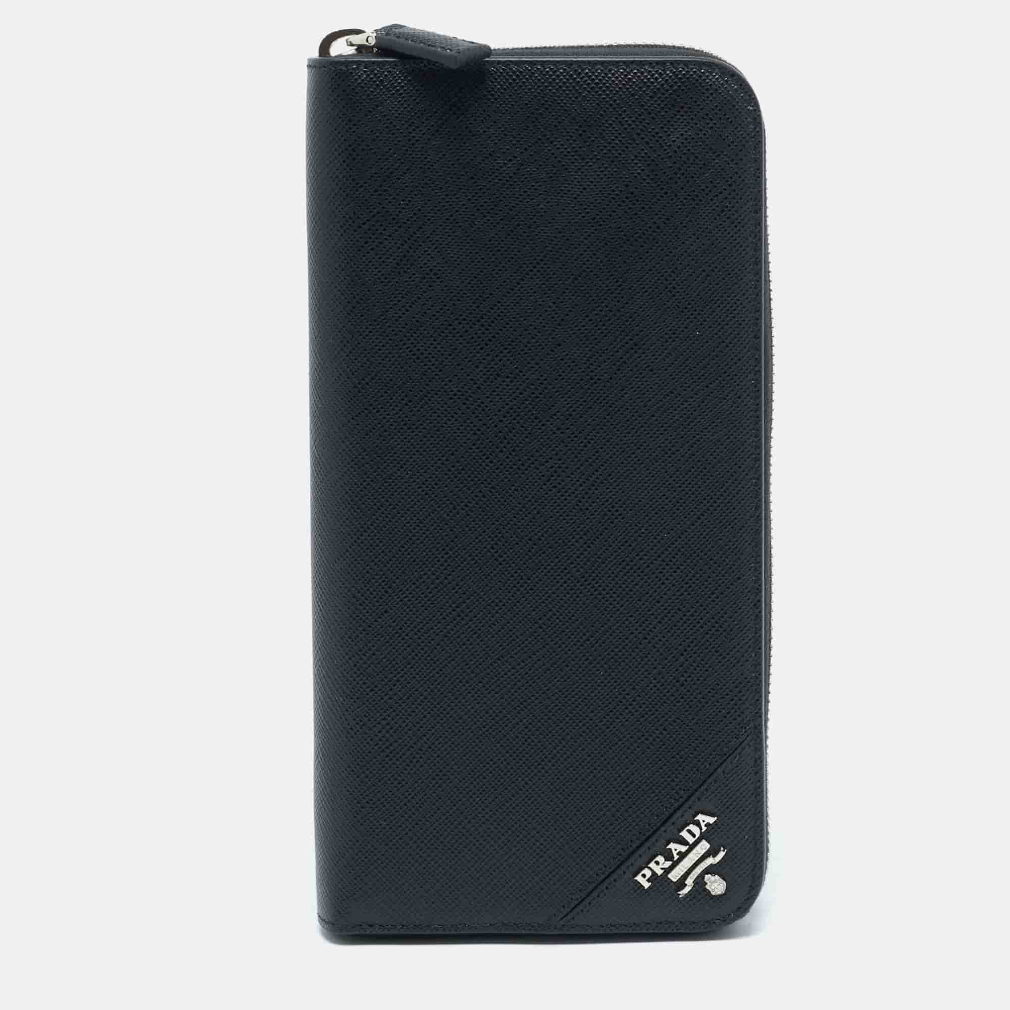 Prada Black Saffiano Leather Zip Around Wallet