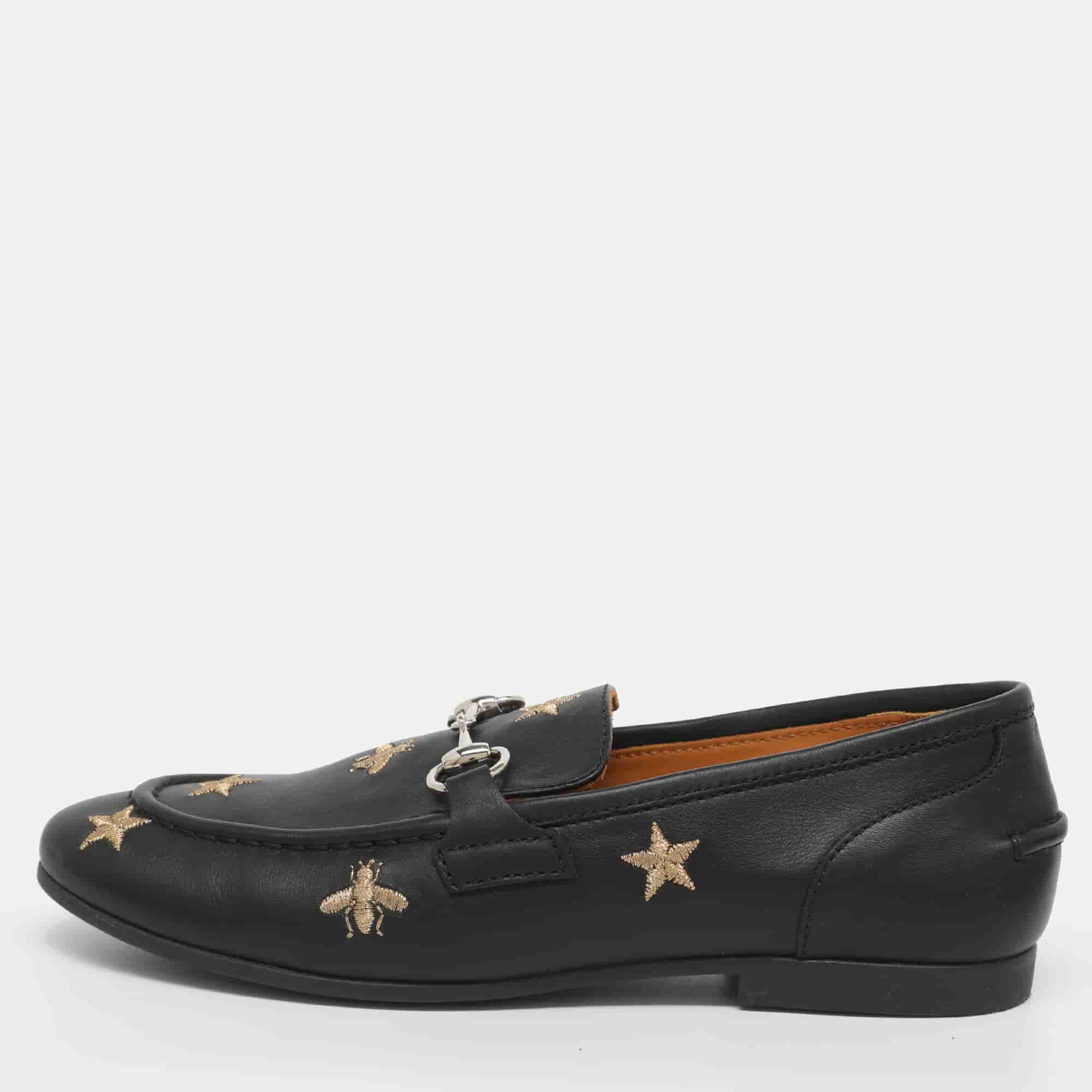 Gucci Jordaan Embroidered Star Bee Horsebit Size 33 Black Leather Loafers