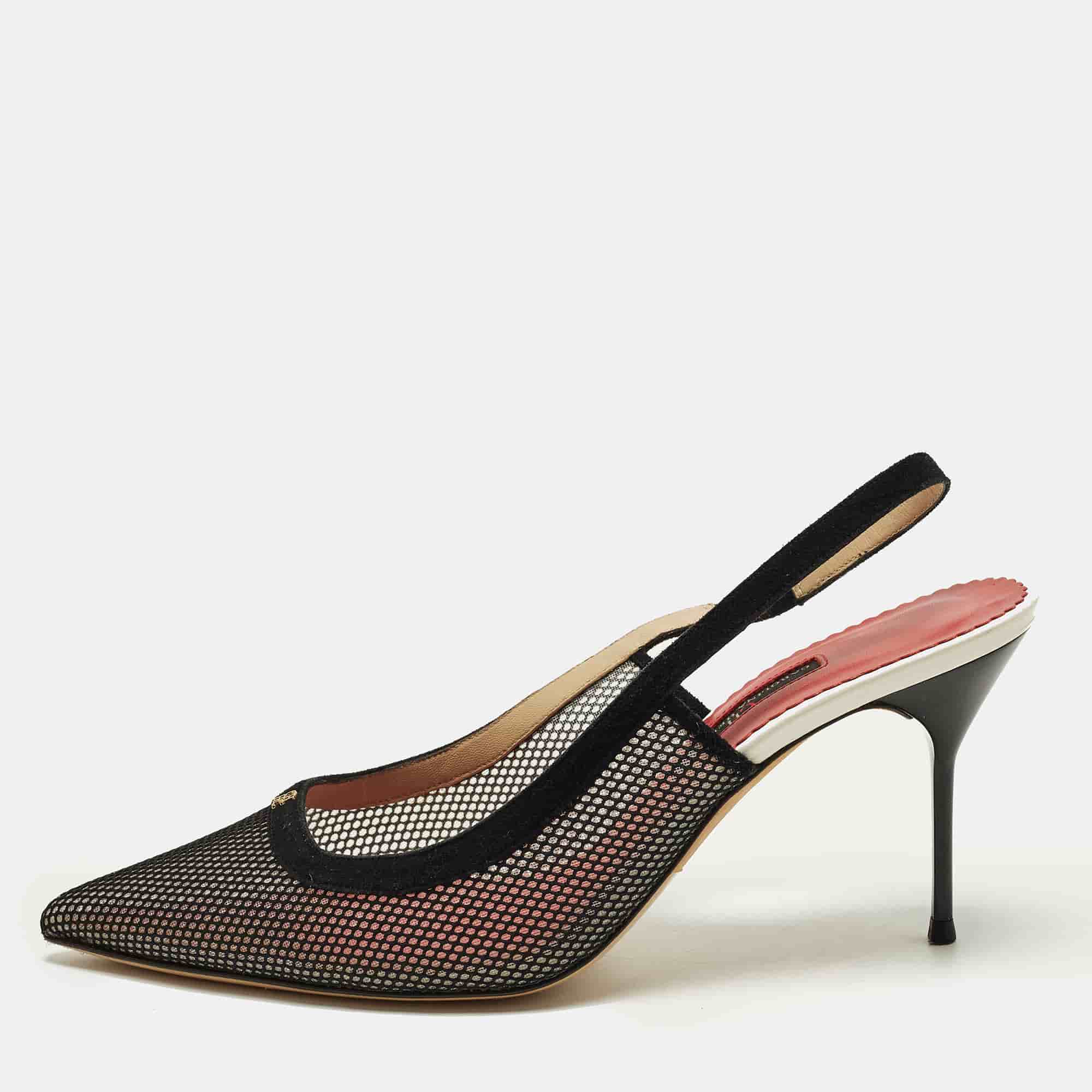 CH Carolina Herrera Size 40 Black Mesh and Suede Slingback Pumps