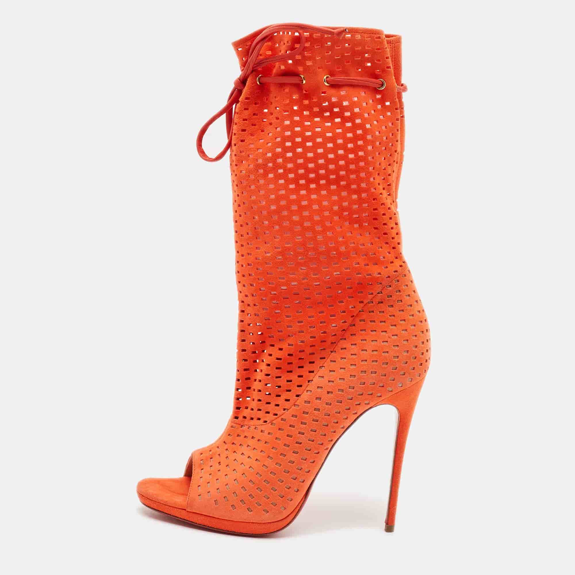 Christian Louboutin Size 37 Orange Suede Ankle Length Boots