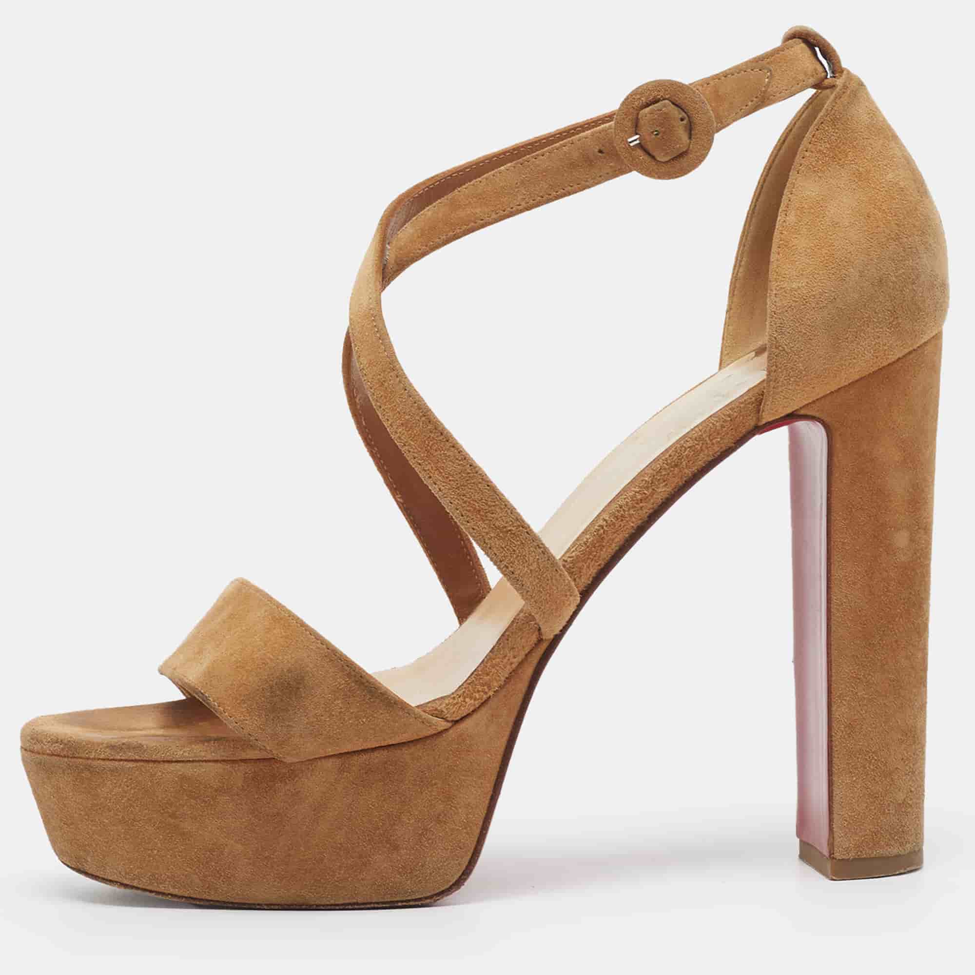 Christian Louboutin Loubi Bee Size 39 Beige Suede Ankle Strap Platform Sandals