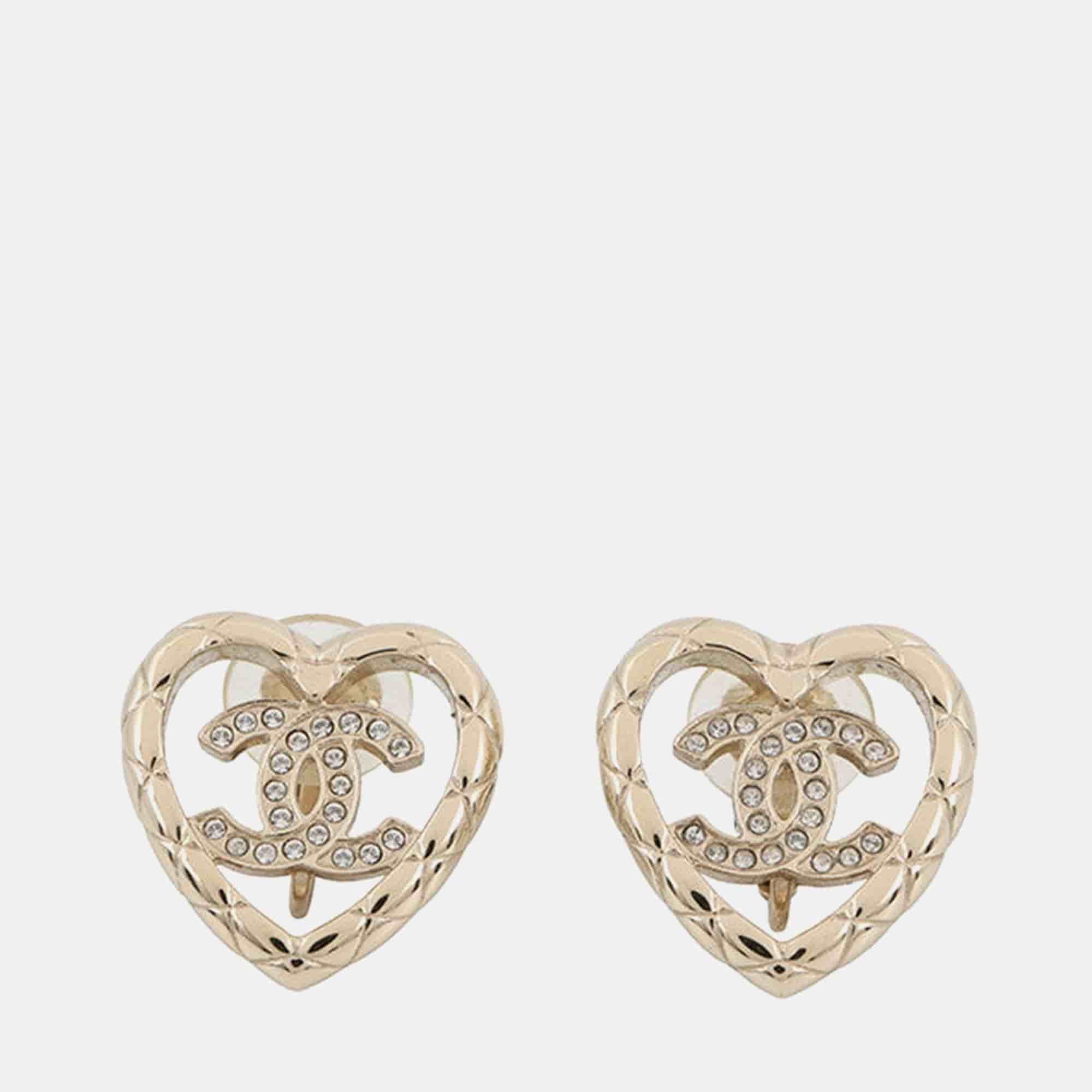 Chanel Cc Logo Heart Earrings Champagne Gold Gold Plated Rhinestone