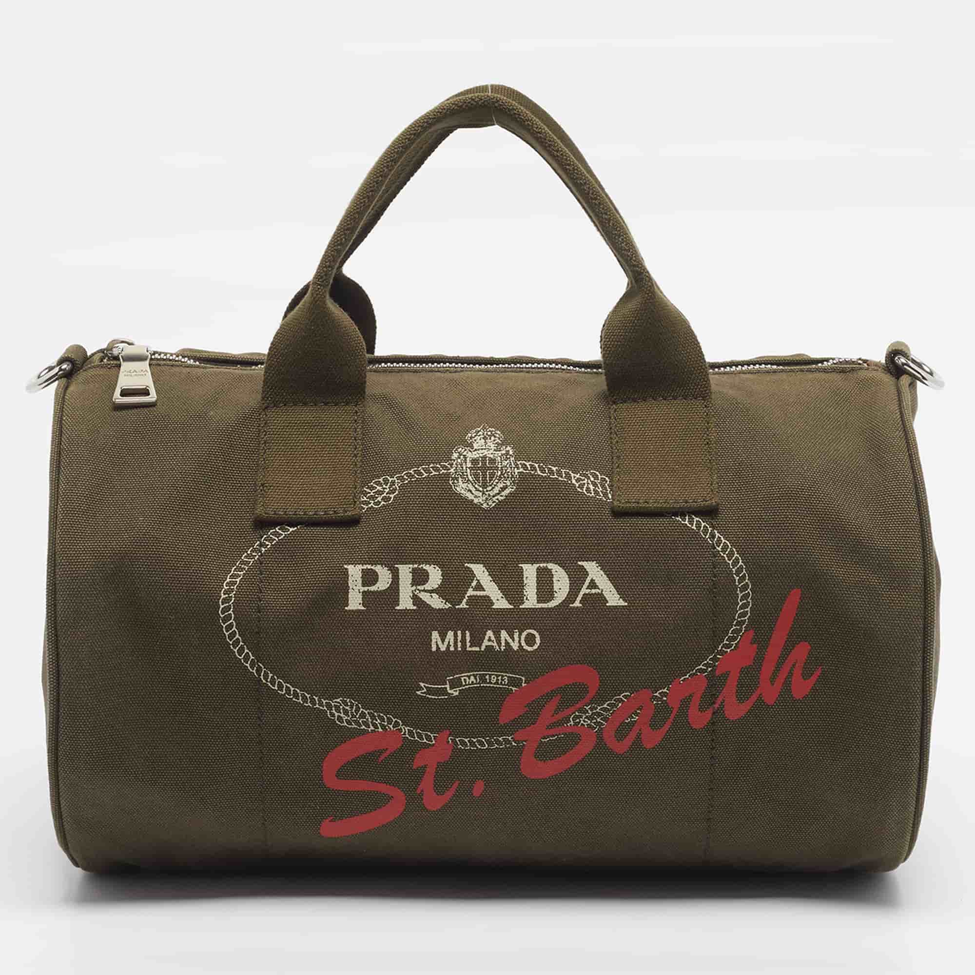 Prada St. Barth Logo Green Canvas Boston Bag