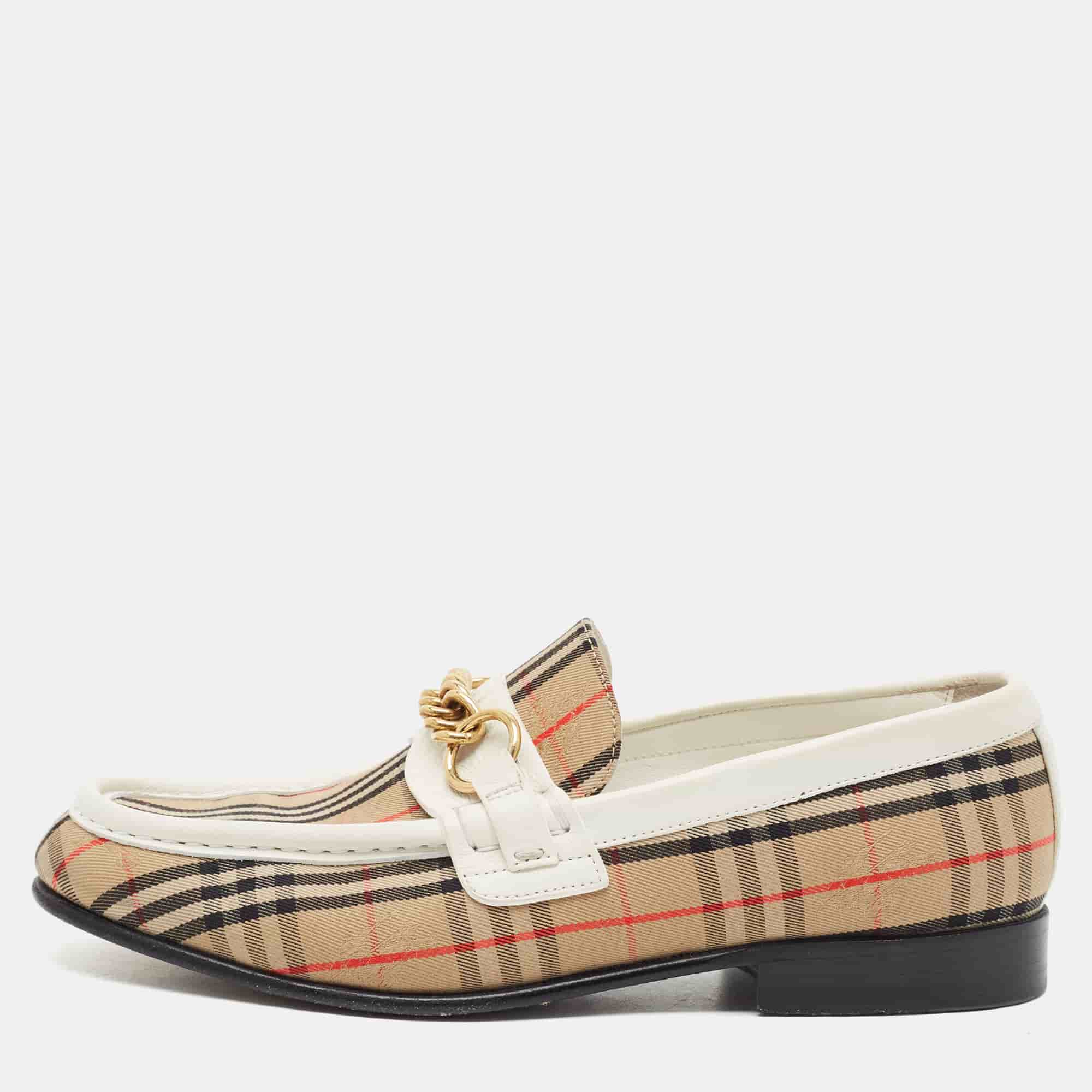 Burberry Moorley Size 38 Beige/White House Canvas and Leather Flats