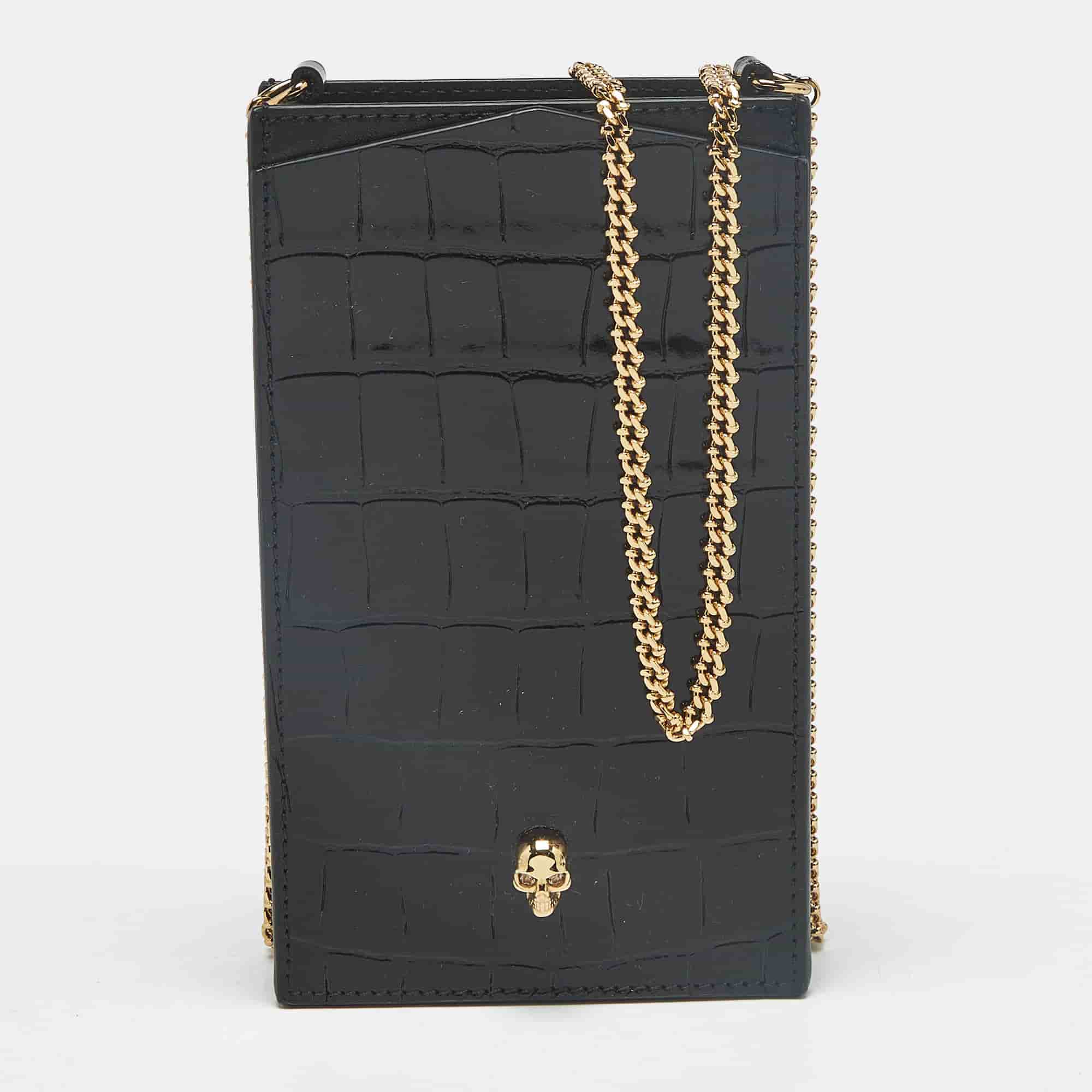 Alexander McQueen Skull Crystal Black Crocodile Embossed Leather Phone Case with Chain Strap