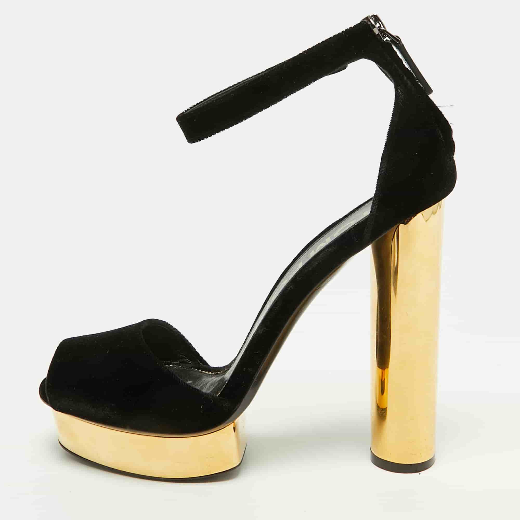 Tom Ford Size 40 Black/Gold Velvet Platform Ankle Strap Sandals