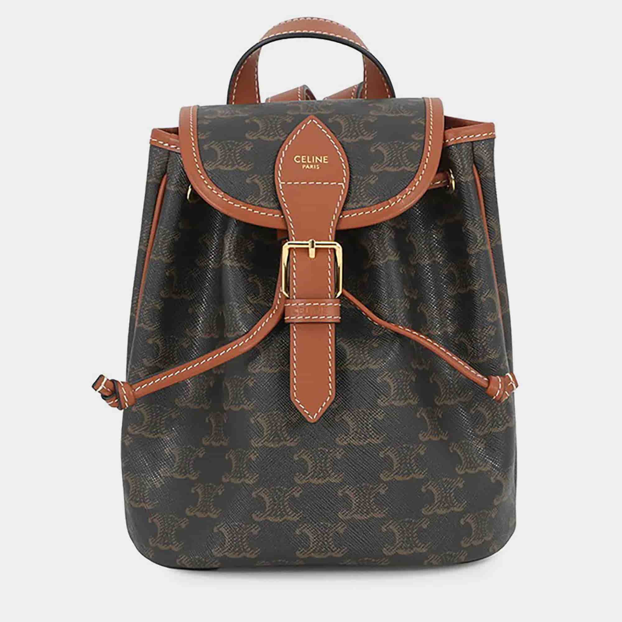 Celine Falco Triomphe Backpack Tan Calf Leather, Coated Canvas