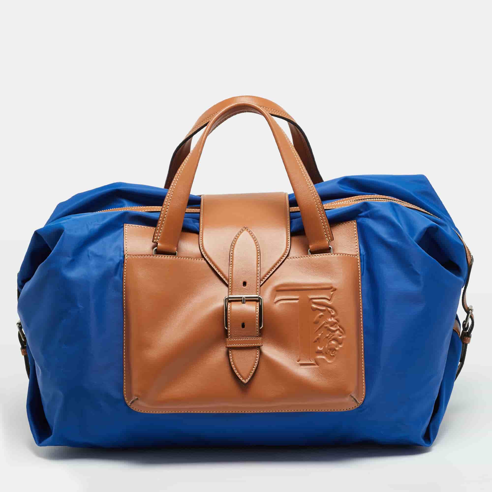 Tod's Blue/Brown Nylon and Leather Medium Duffle Bag