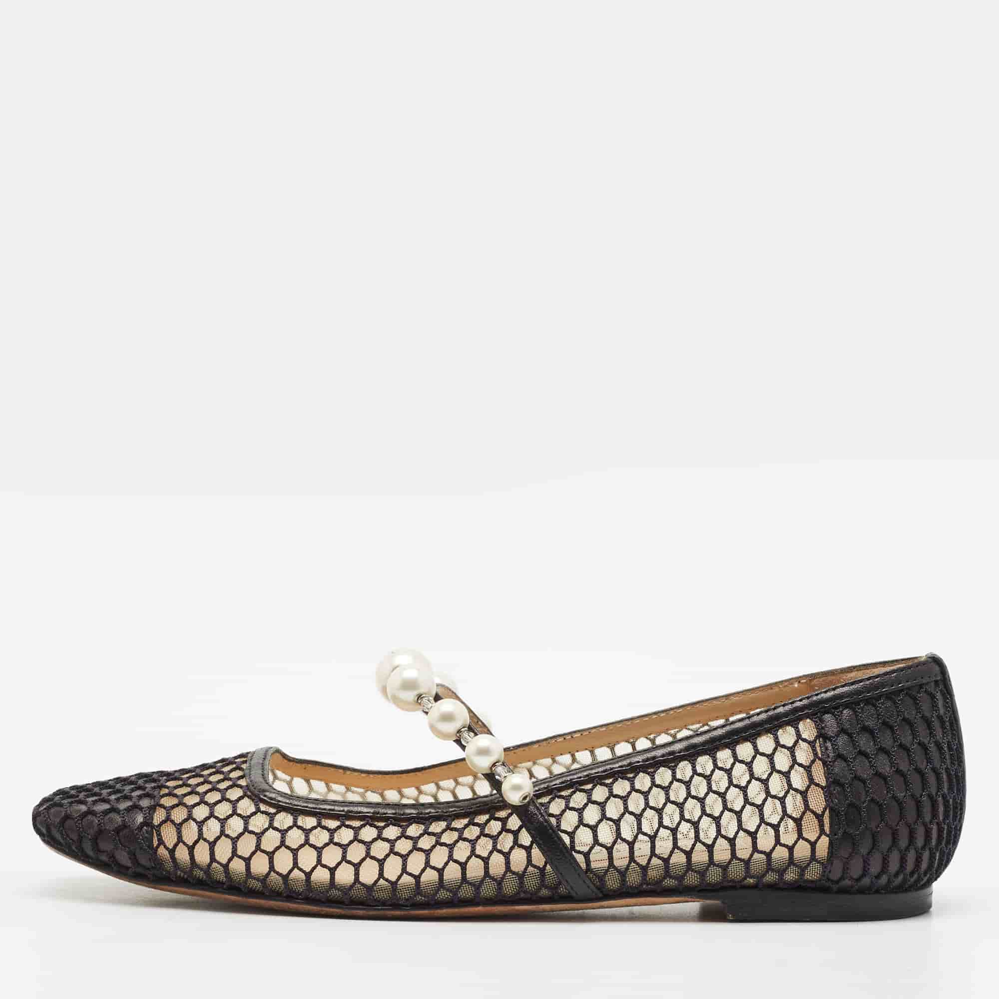 Jimmy Choo Size 36 Black Leather and Mesh Pearl Embellished Ballet Flats