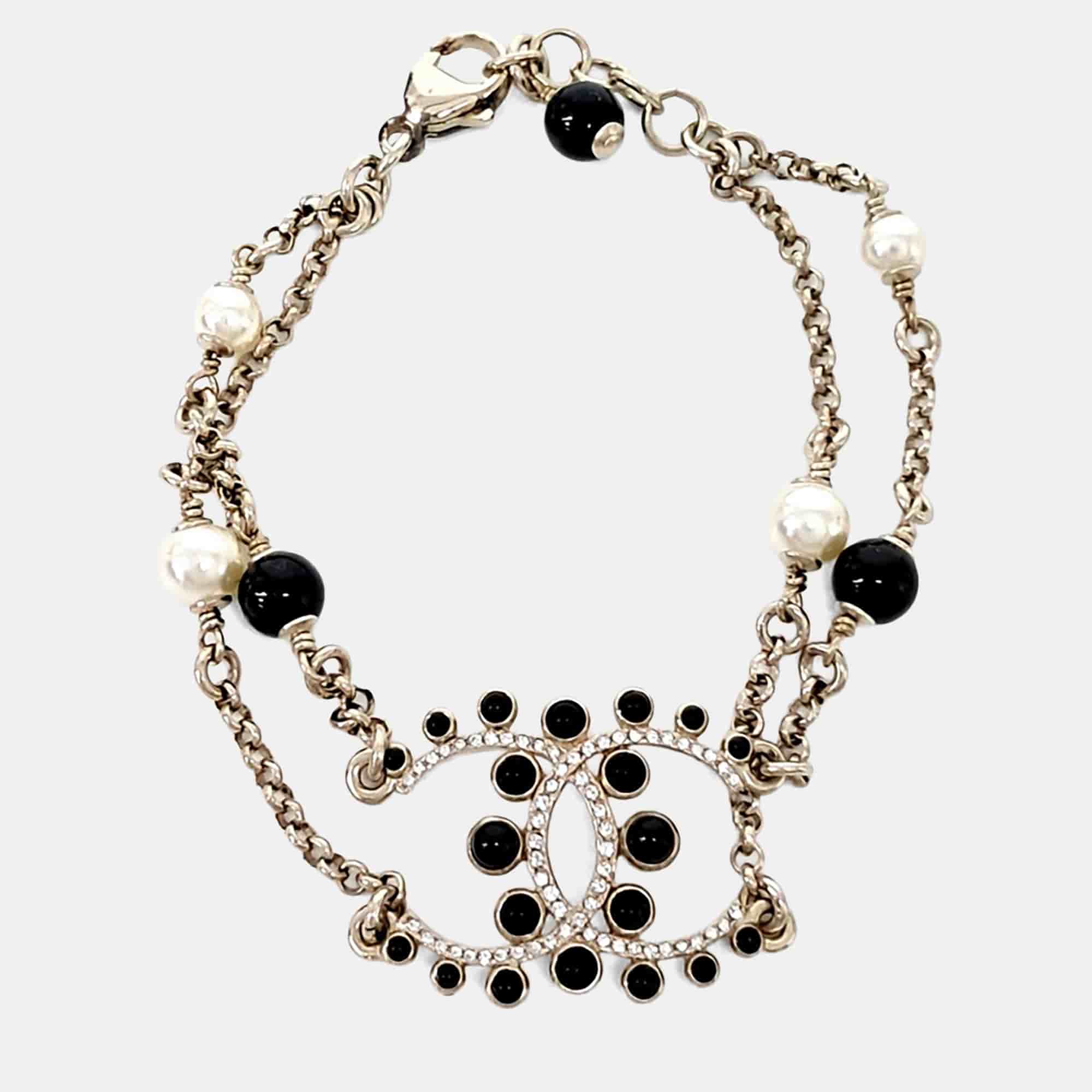Chanel CC Logo Gold Crystals Faux Pearl Bracelet