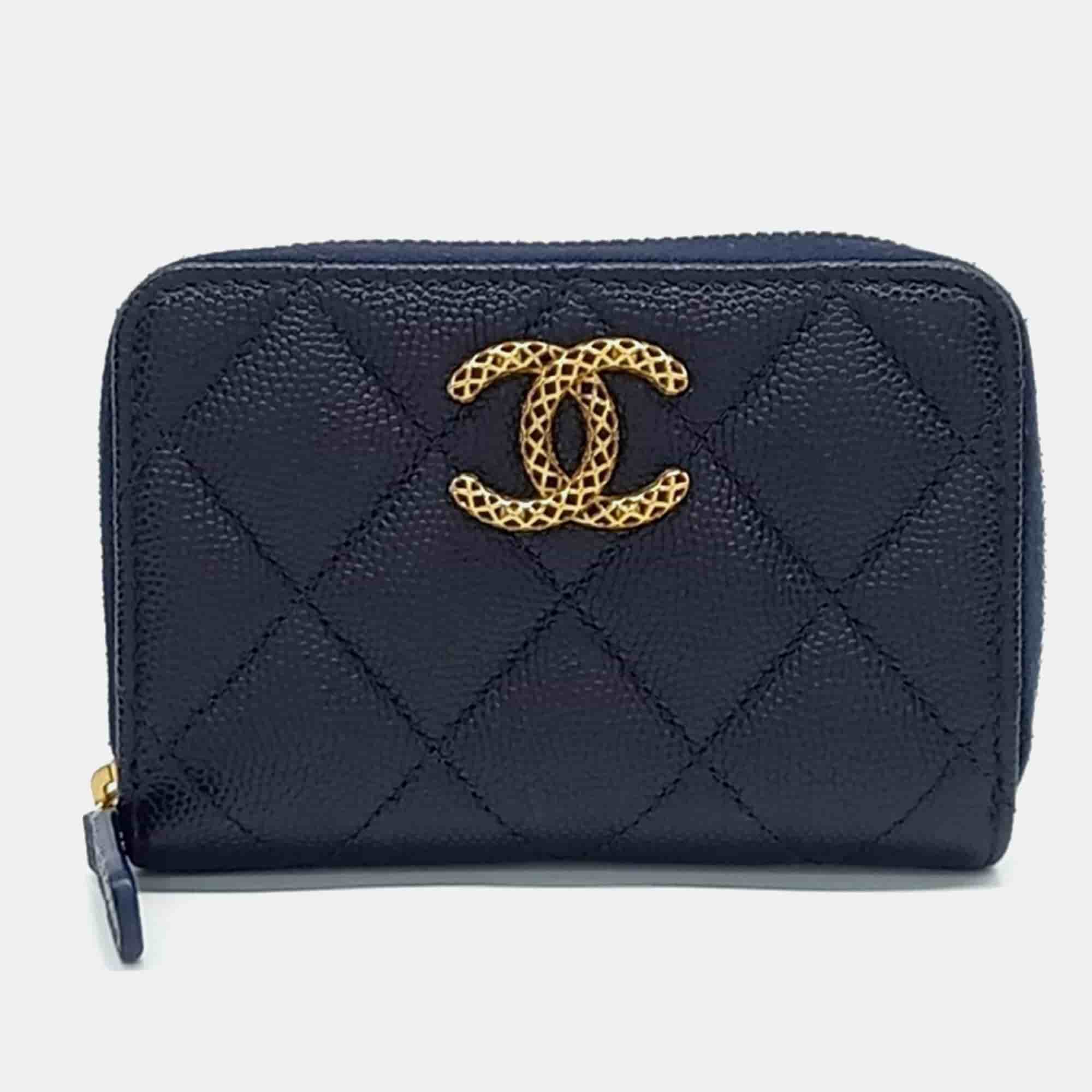 Chanel Navy Blue Leather caviar card wallet